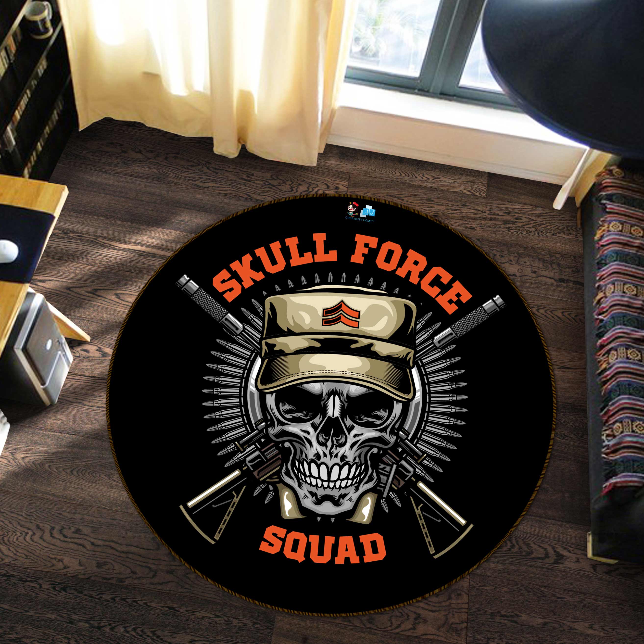 3D Black Skull 81204 Round Non Slip Rug Mat
