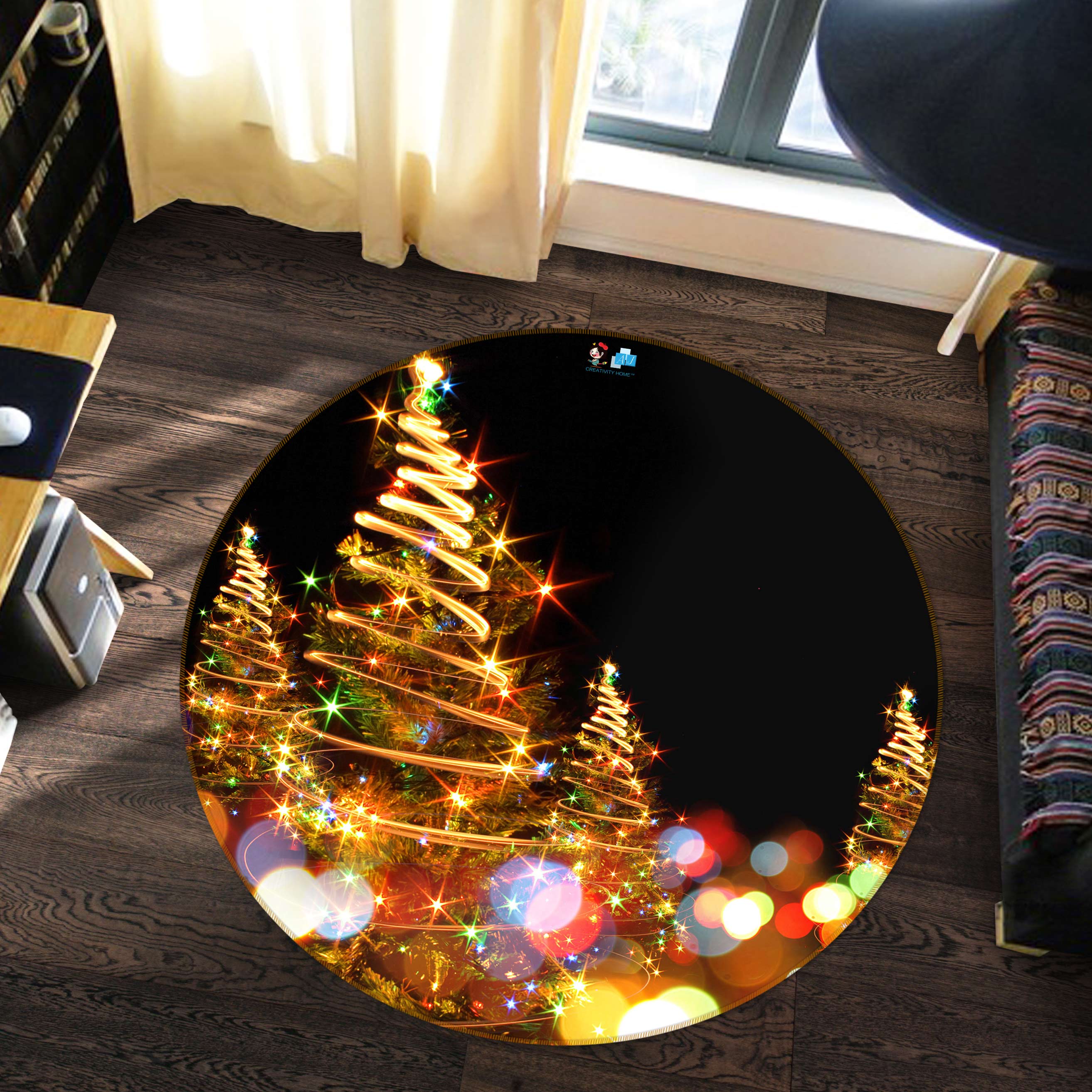 3D Colored Lights Tree 54006 Christmas Round Non Slip Rug Mat Xmas