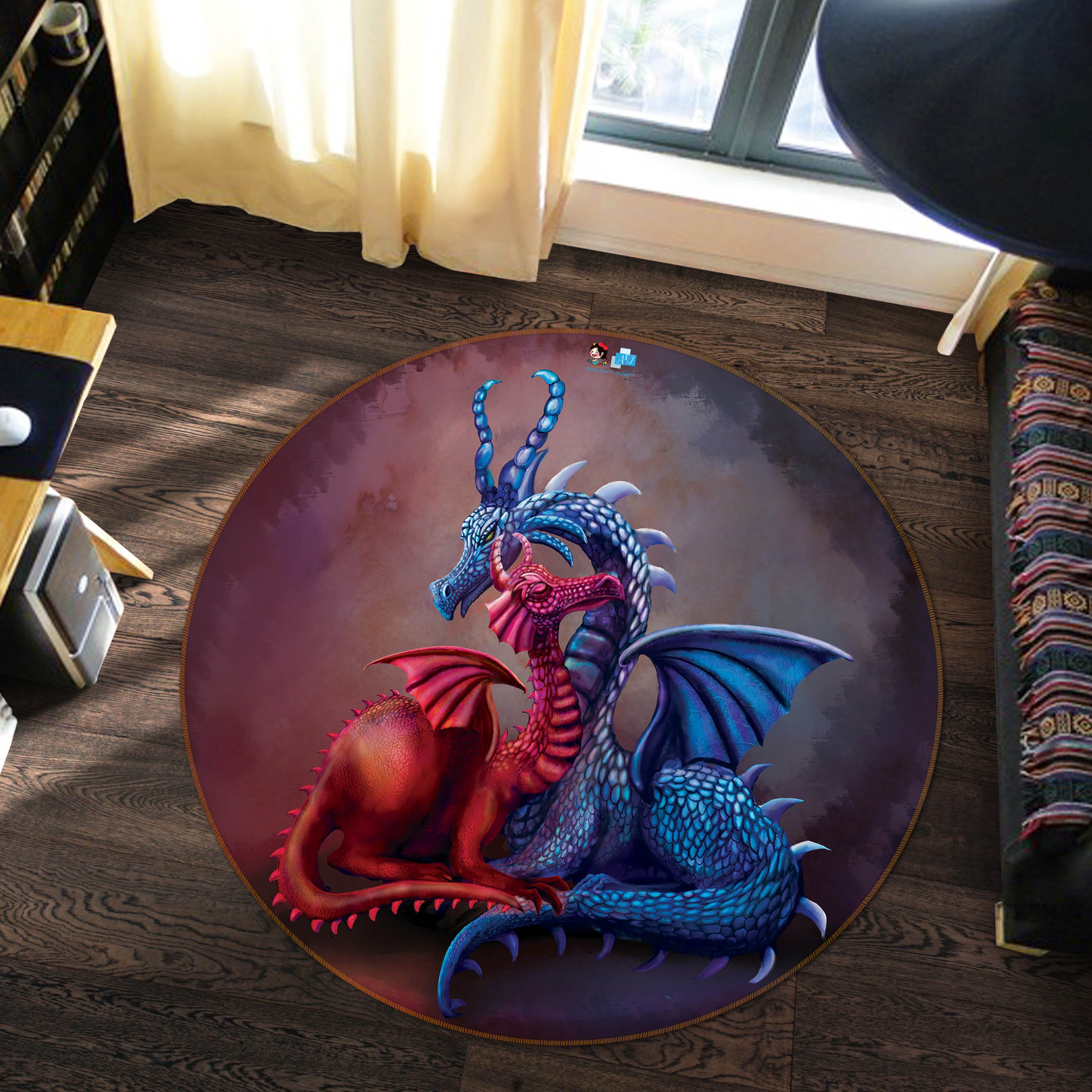 3D Red Blue Dinosaur 83158 Rose Catherine Khan Rug Round Non Slip Rug Mat