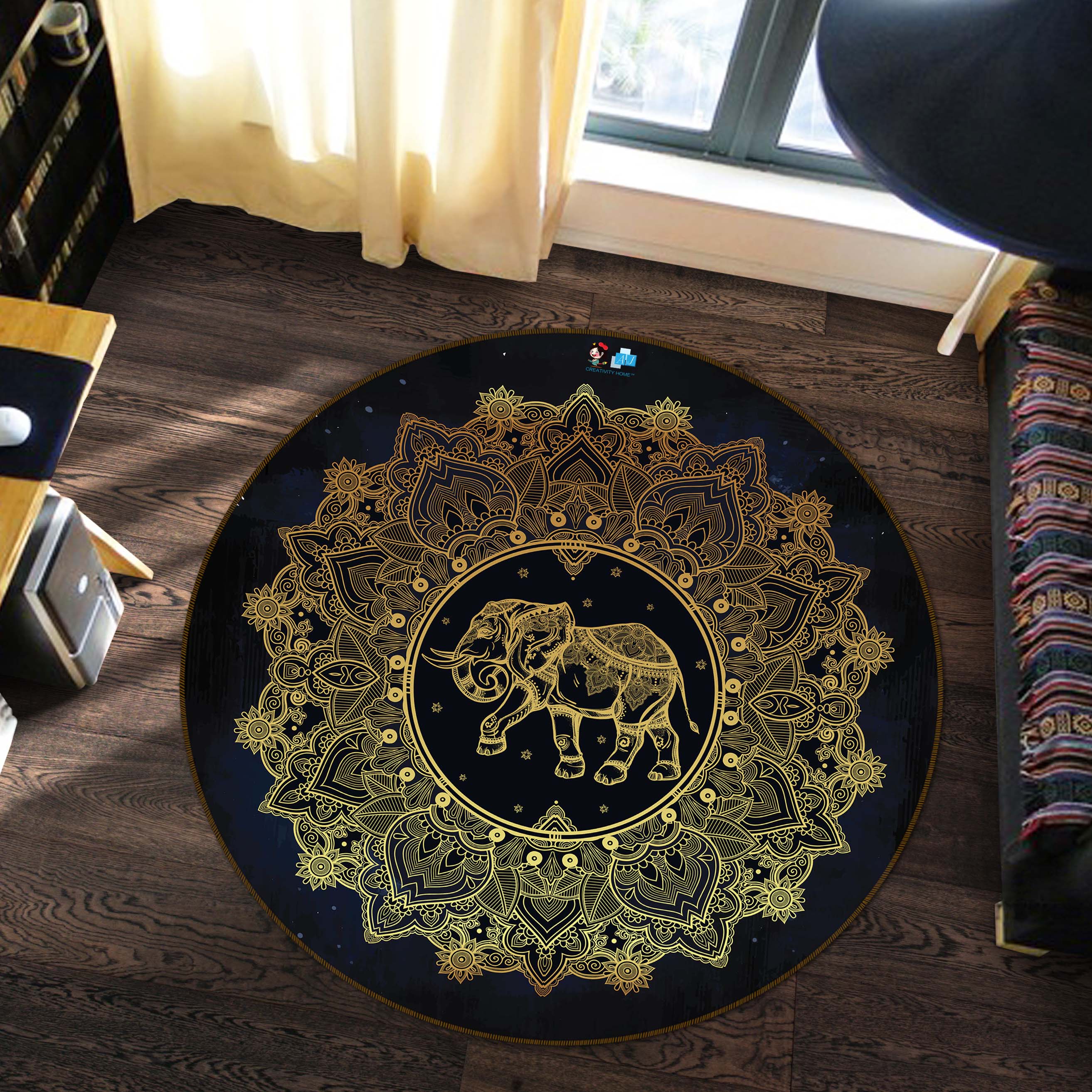 3D Golden Elephant Pattern 74227 Round Non Slip Rug Mat