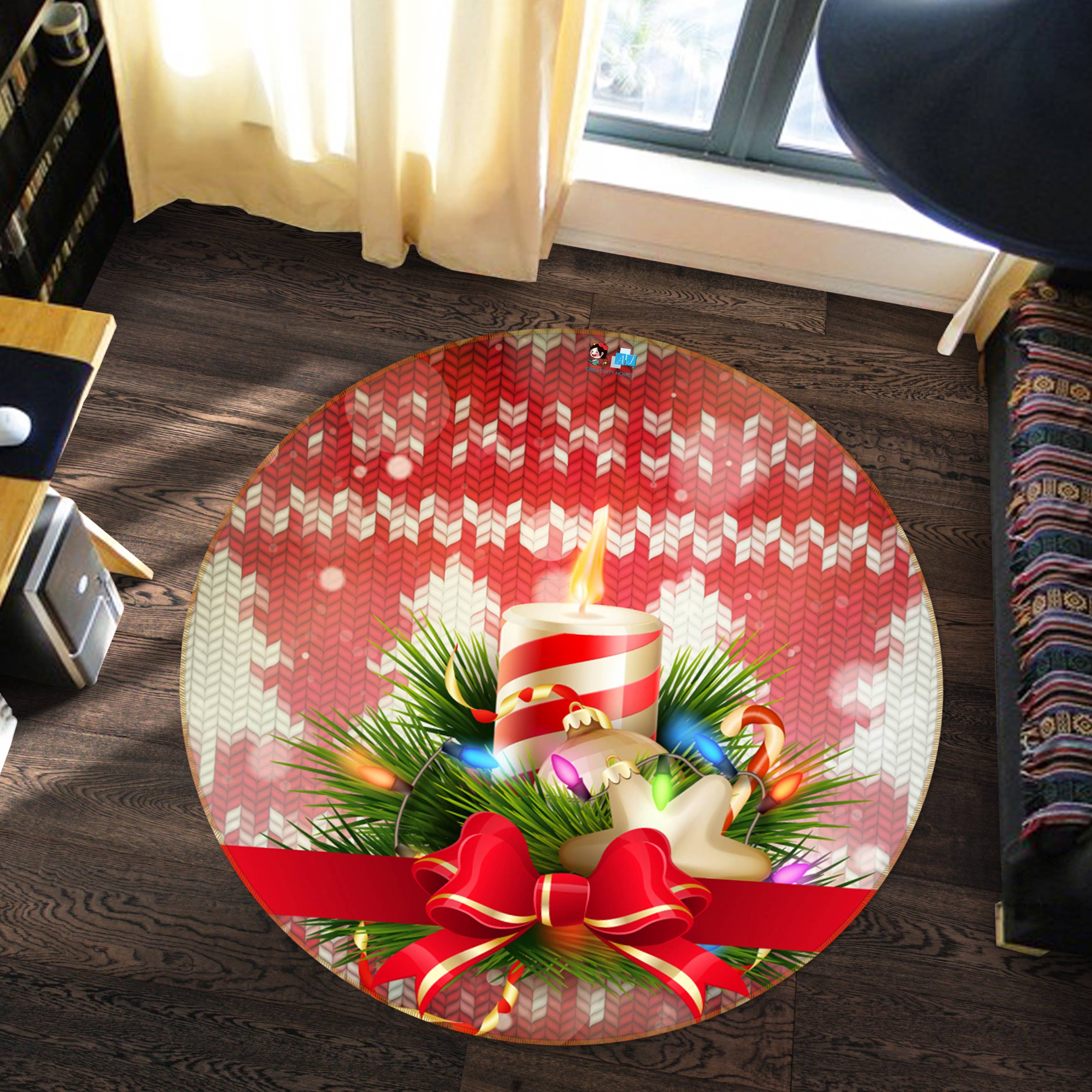 3D Candle Bow 54019 Christmas Round Non Slip Rug Mat Xmas