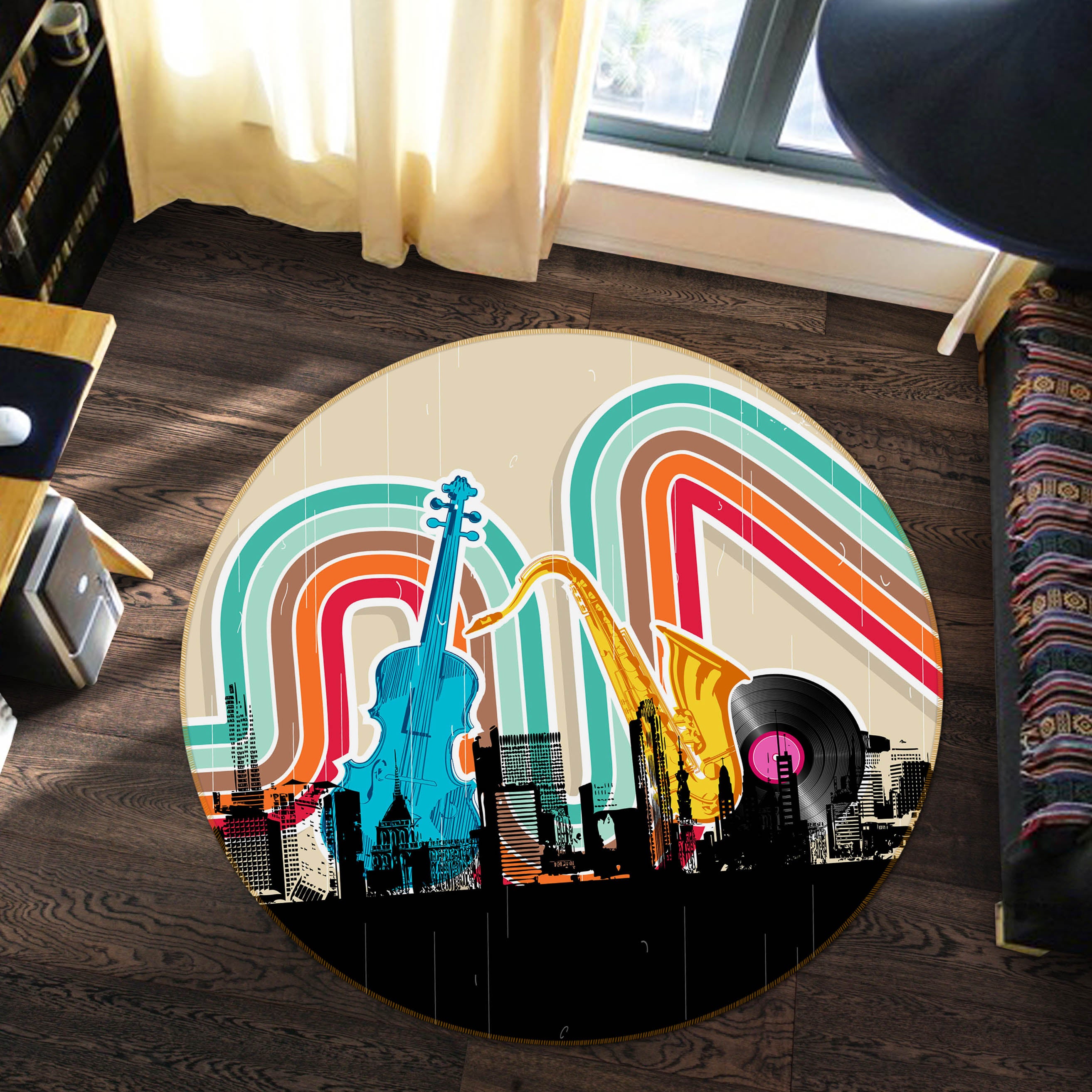 3D Rainbow Musical Instrument 29074 Round Non Slip Rug Mat