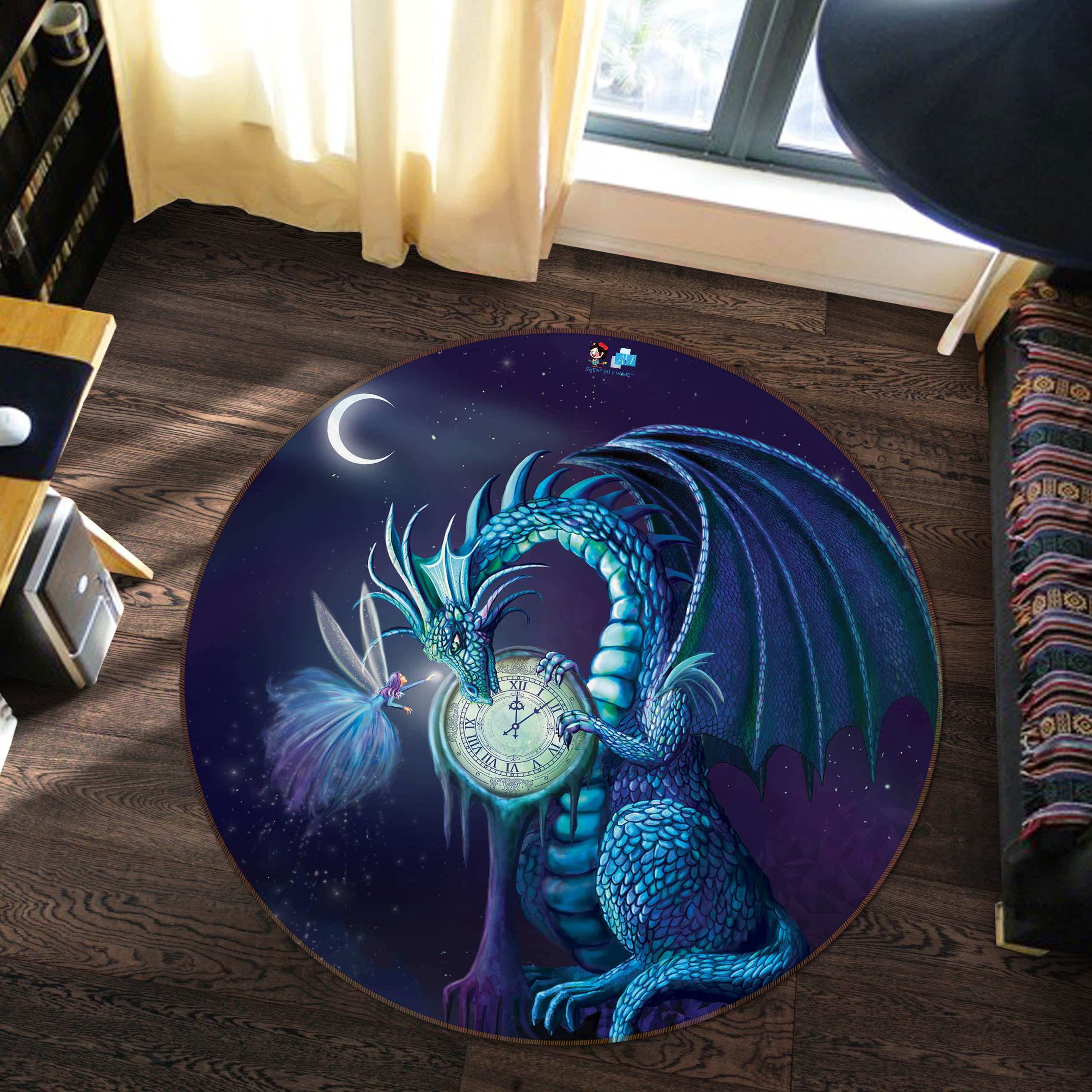 3D Moon Clock Dinosaur 83173 Rose Catherine Khan Rug Round Non Slip Rug Mat