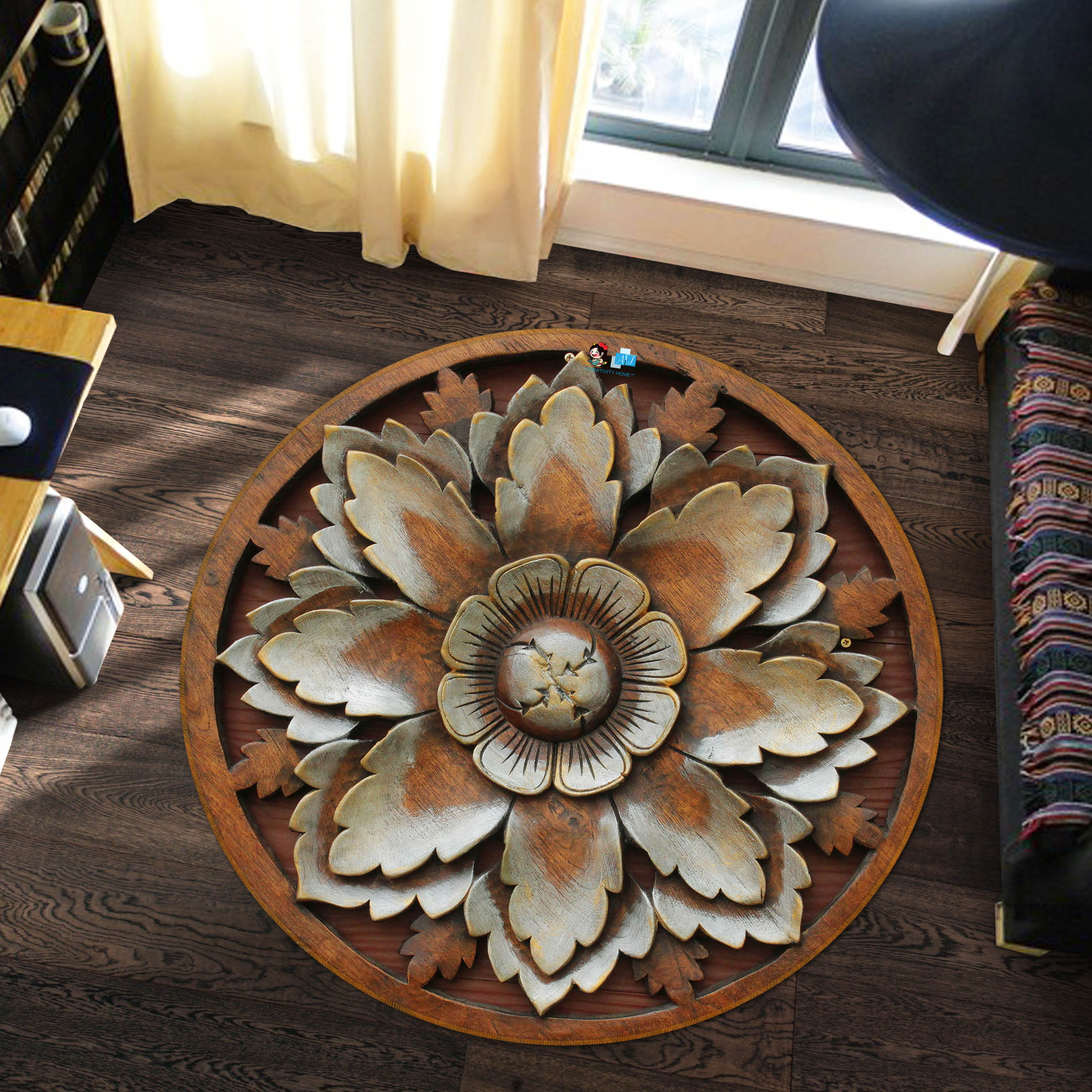 3D Wood Carving Pattern 72077 Round Non Slip Rug Mat