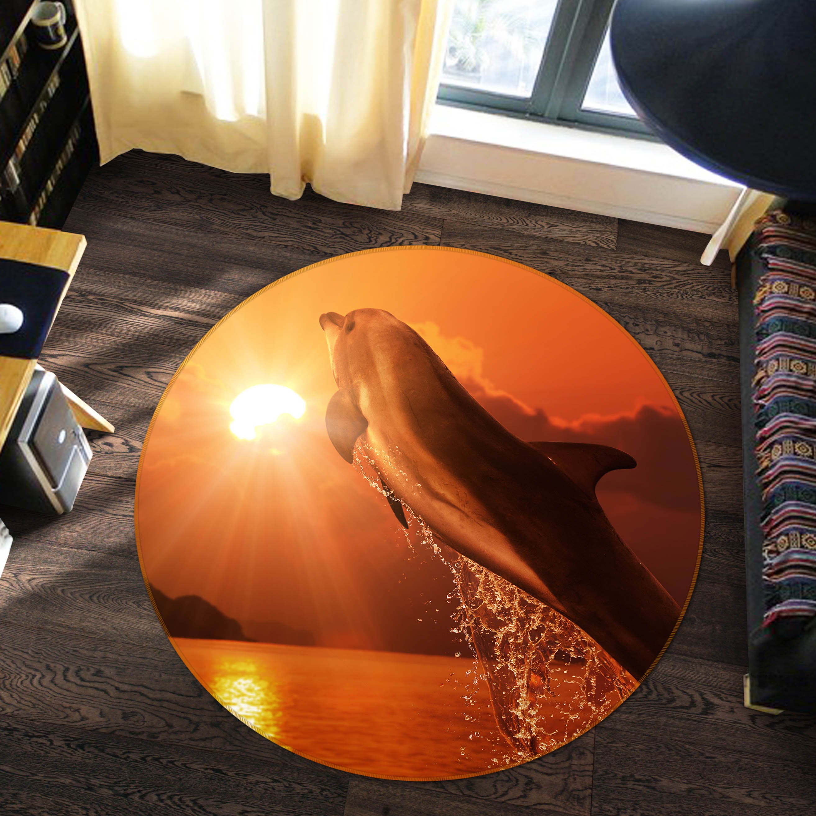 3D Dolphin Jump 38015 Animal Round Non Slip Rug Mat