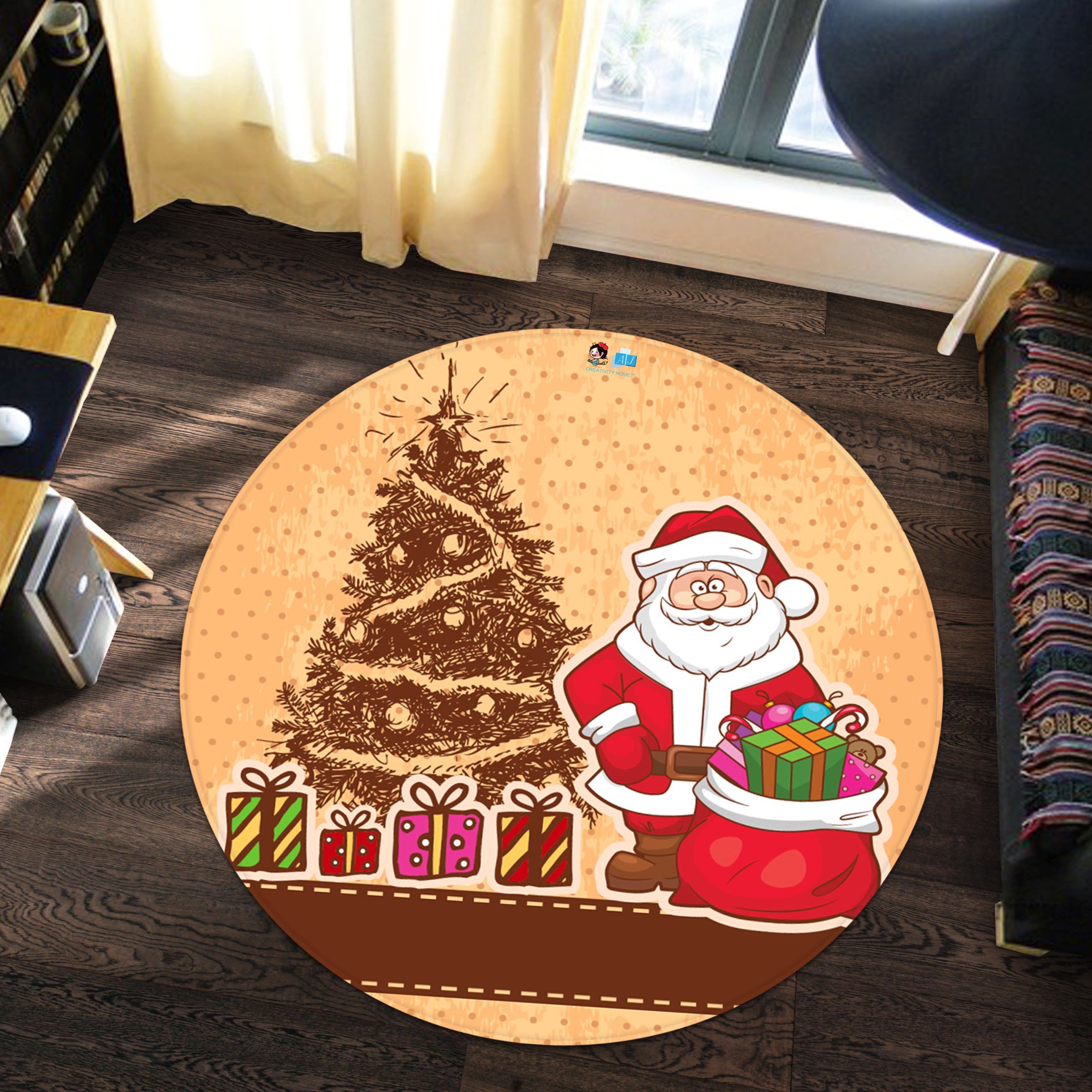 3D Tree Santa Claus Gift 66005 Christmas Round Non Slip Rug Mat Xmas