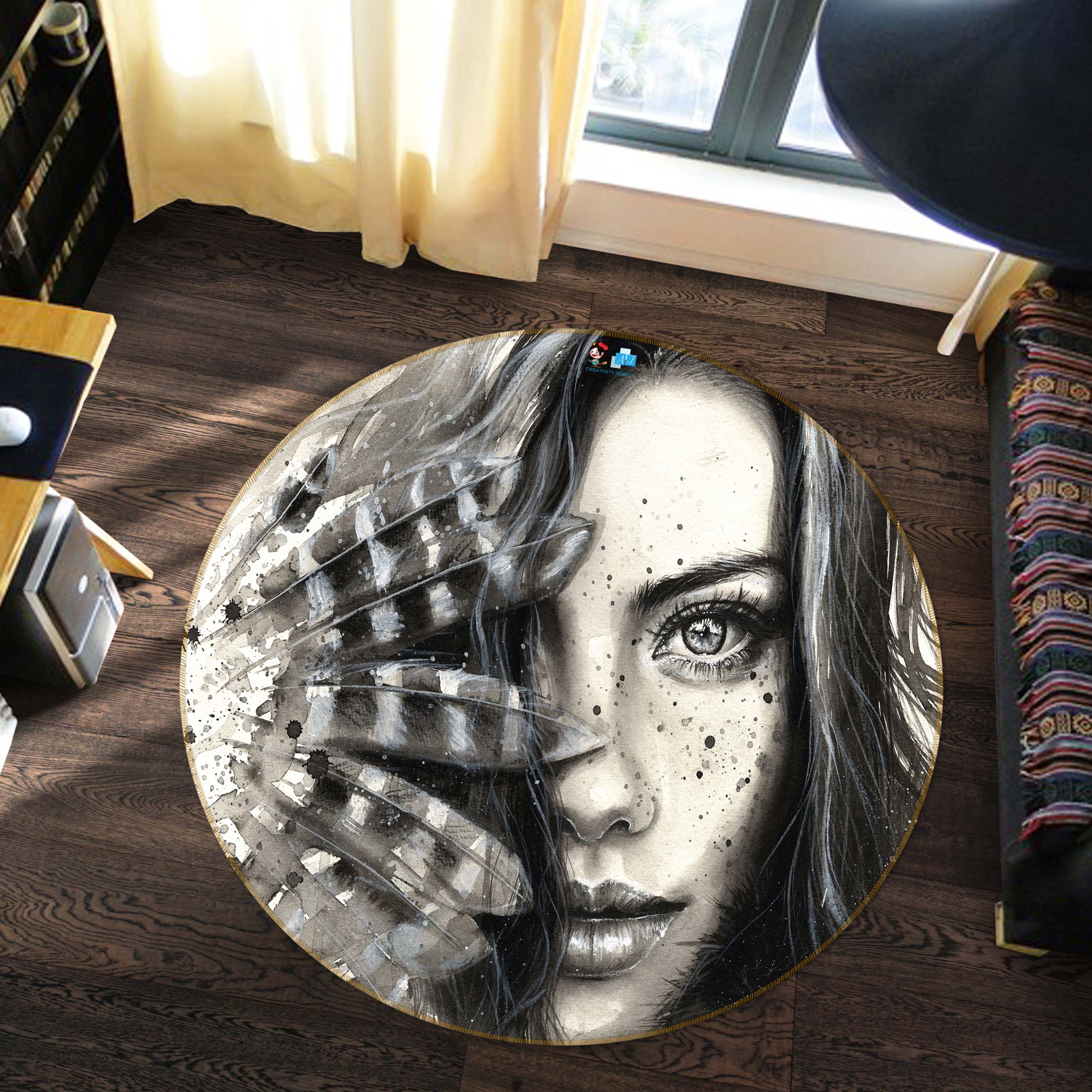 3D Black White Girl 72180 Round Non Slip Rug Mat