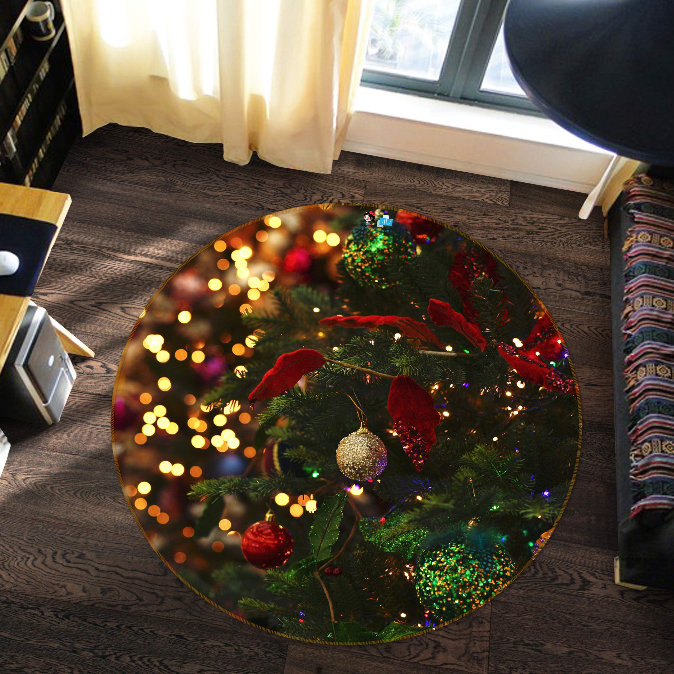 3D Tree Pendant 54080 Christmas Round Non Slip Rug Mat Xmas