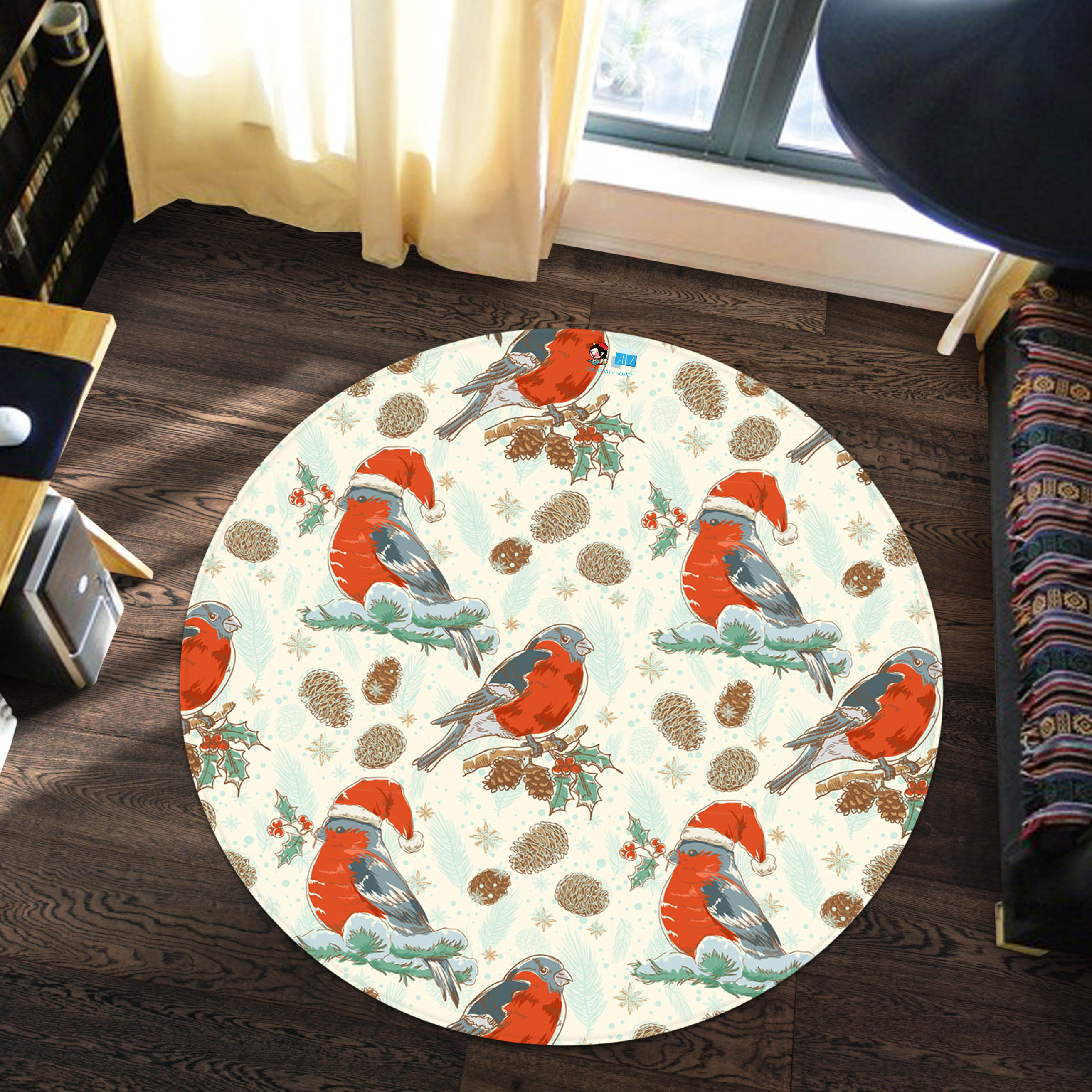3D Bird Wearing Hat 66016 Christmas Round Non Slip Rug Mat Xmas
