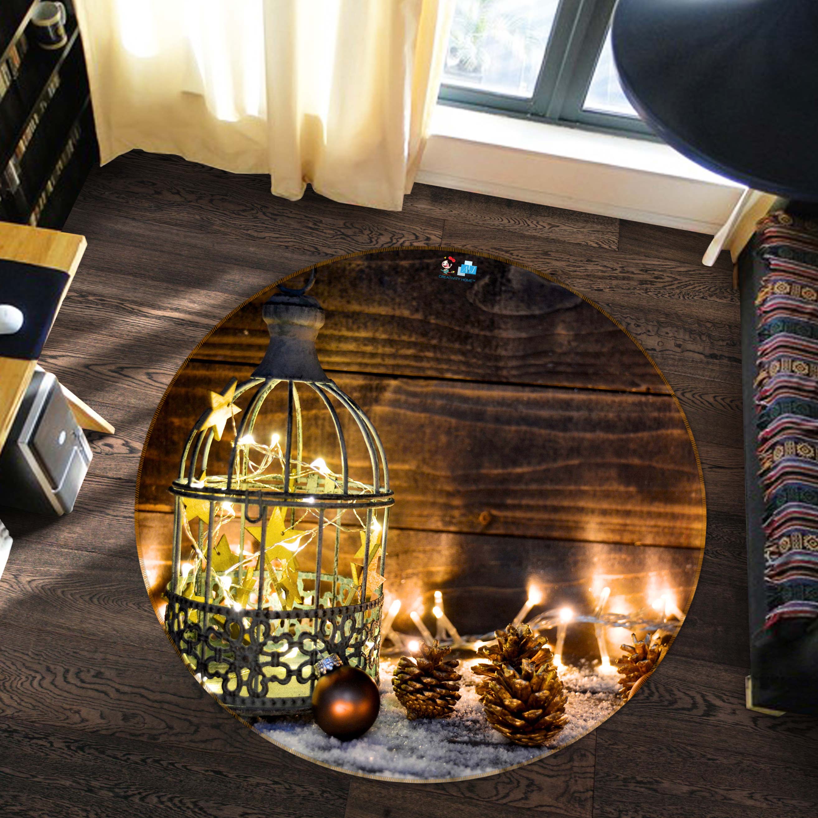 3D String Lights Pineta 54084 Christmas Round Non Slip Rug Mat Xmas