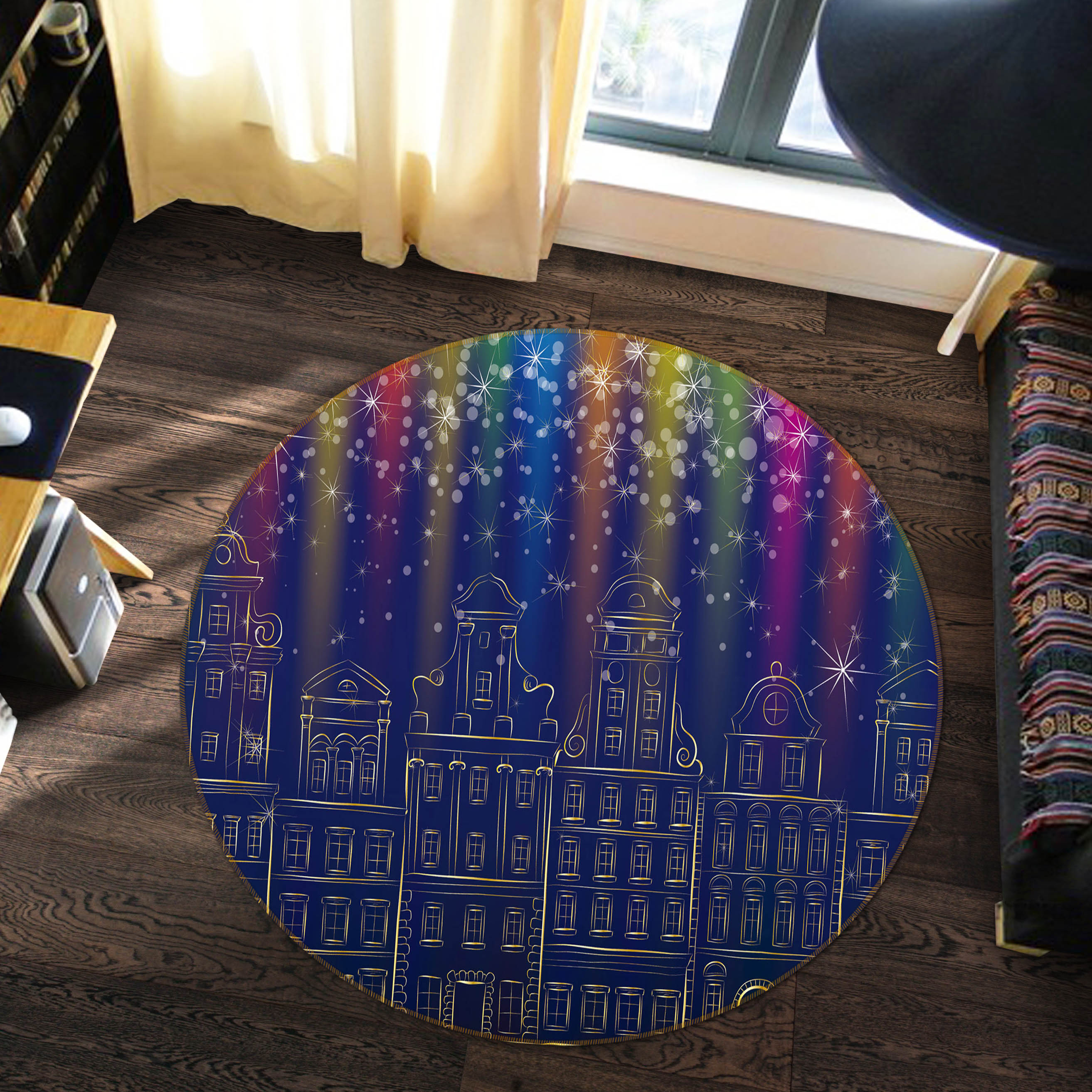 3D Colored Light Houses 54117 Christmas Round Non Slip Rug Mat Xmas