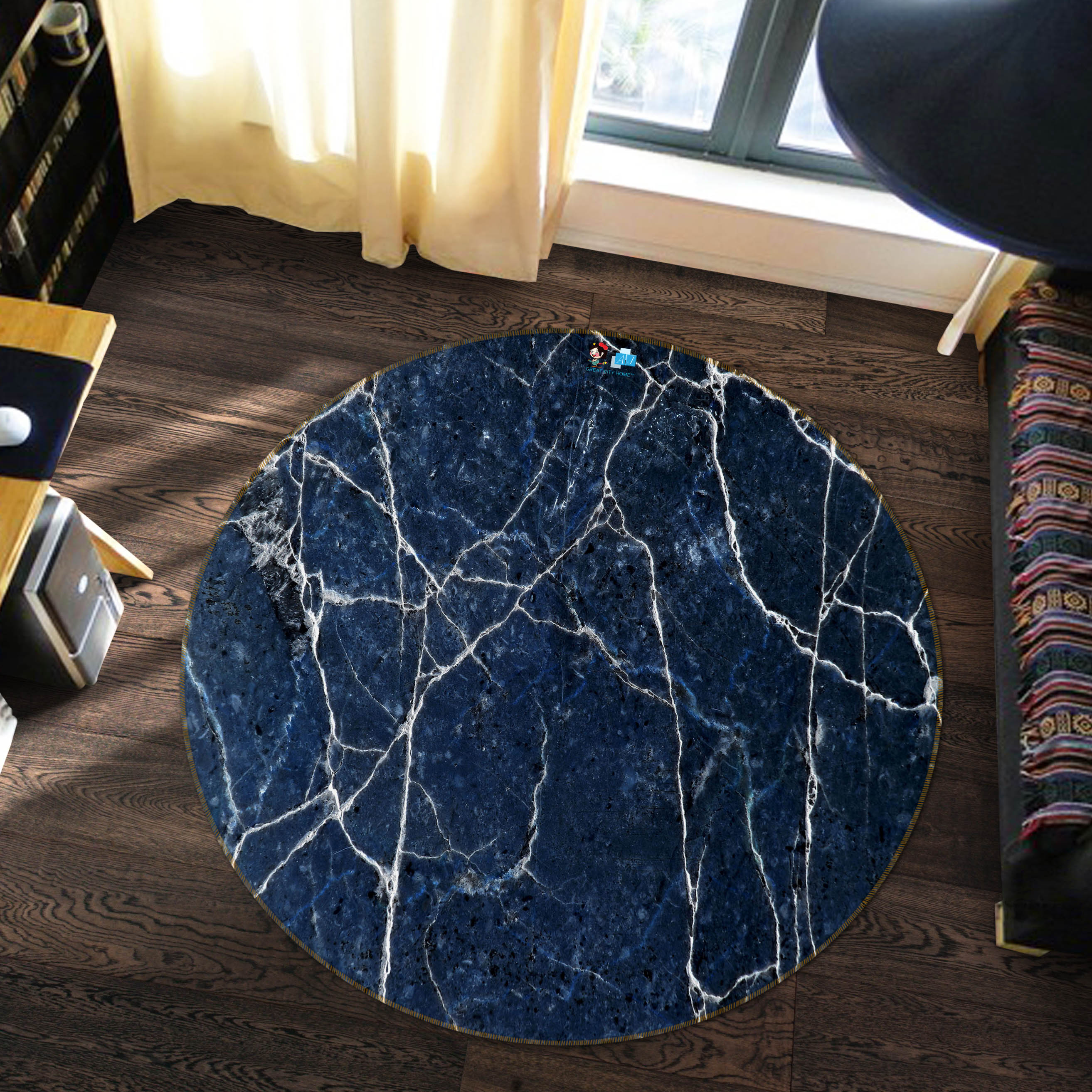 3D Black Marbling 69224 Round Non Slip Rug Mat