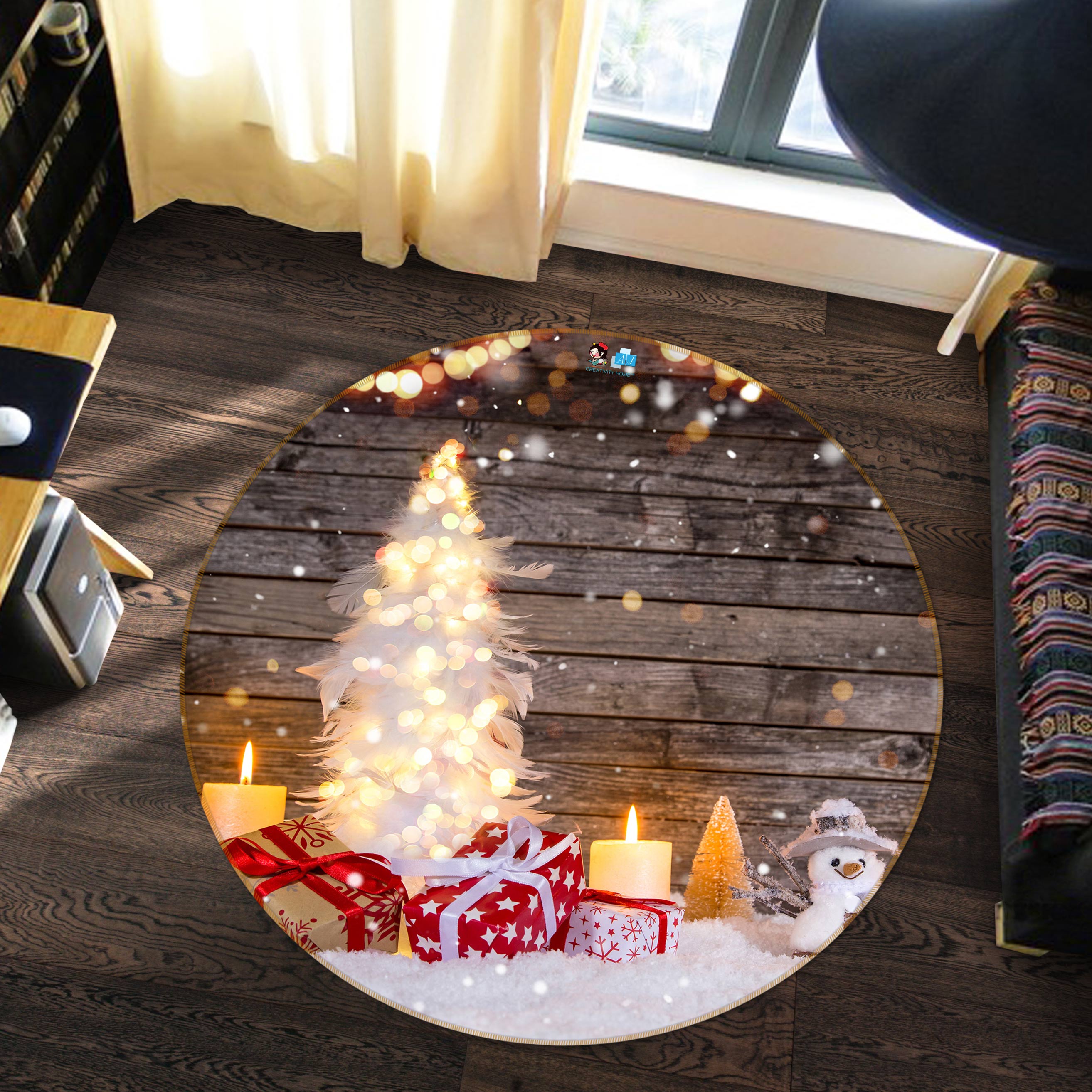 3D White Snow Tree Gift 54071 Christmas Round Non Slip Rug Mat Xmas