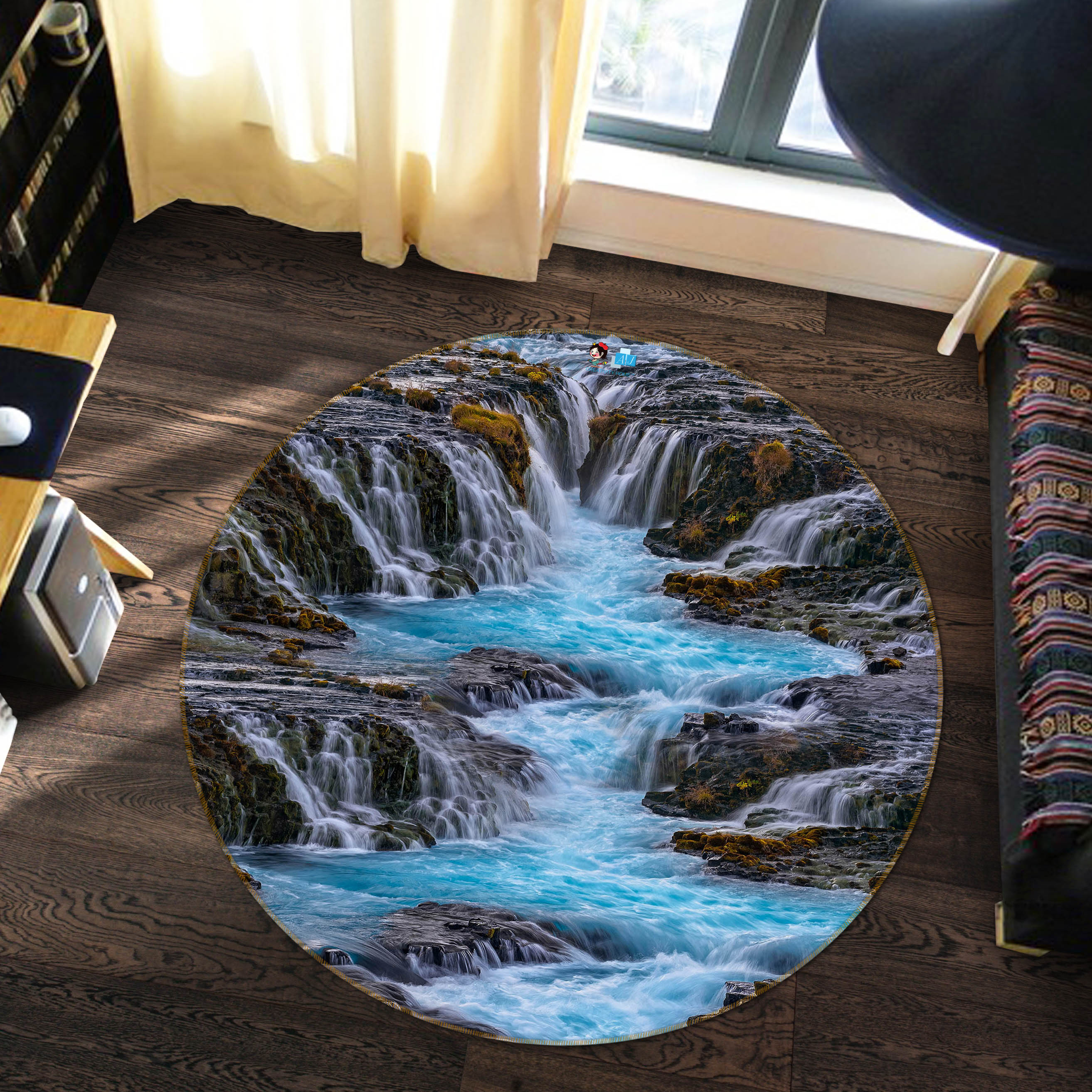 3D Waterfall Flowing Water Pattern 71132 Round Non Slip Rug Mat