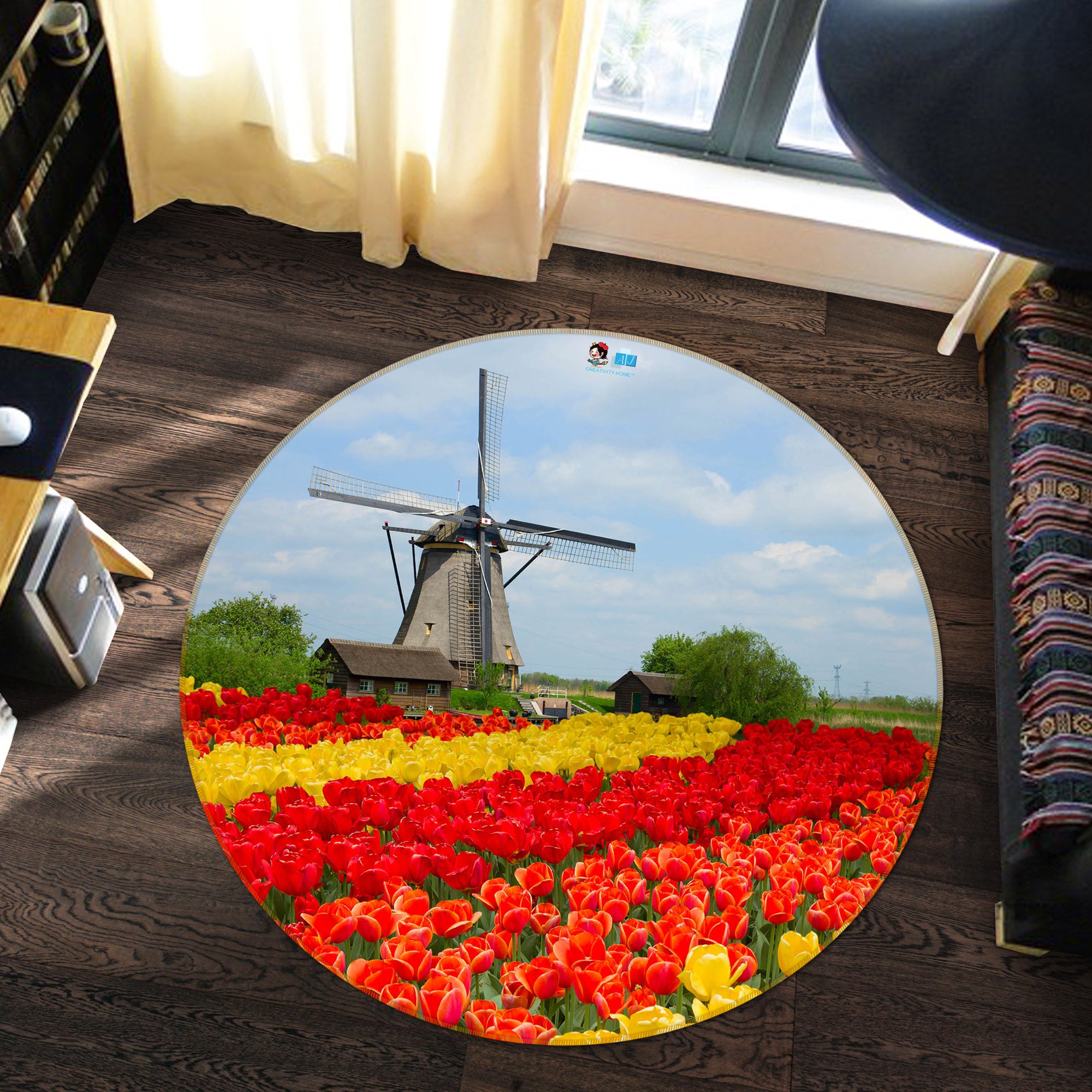 3D Flowery Windmill 66174 Round Non Slip Rug Mat