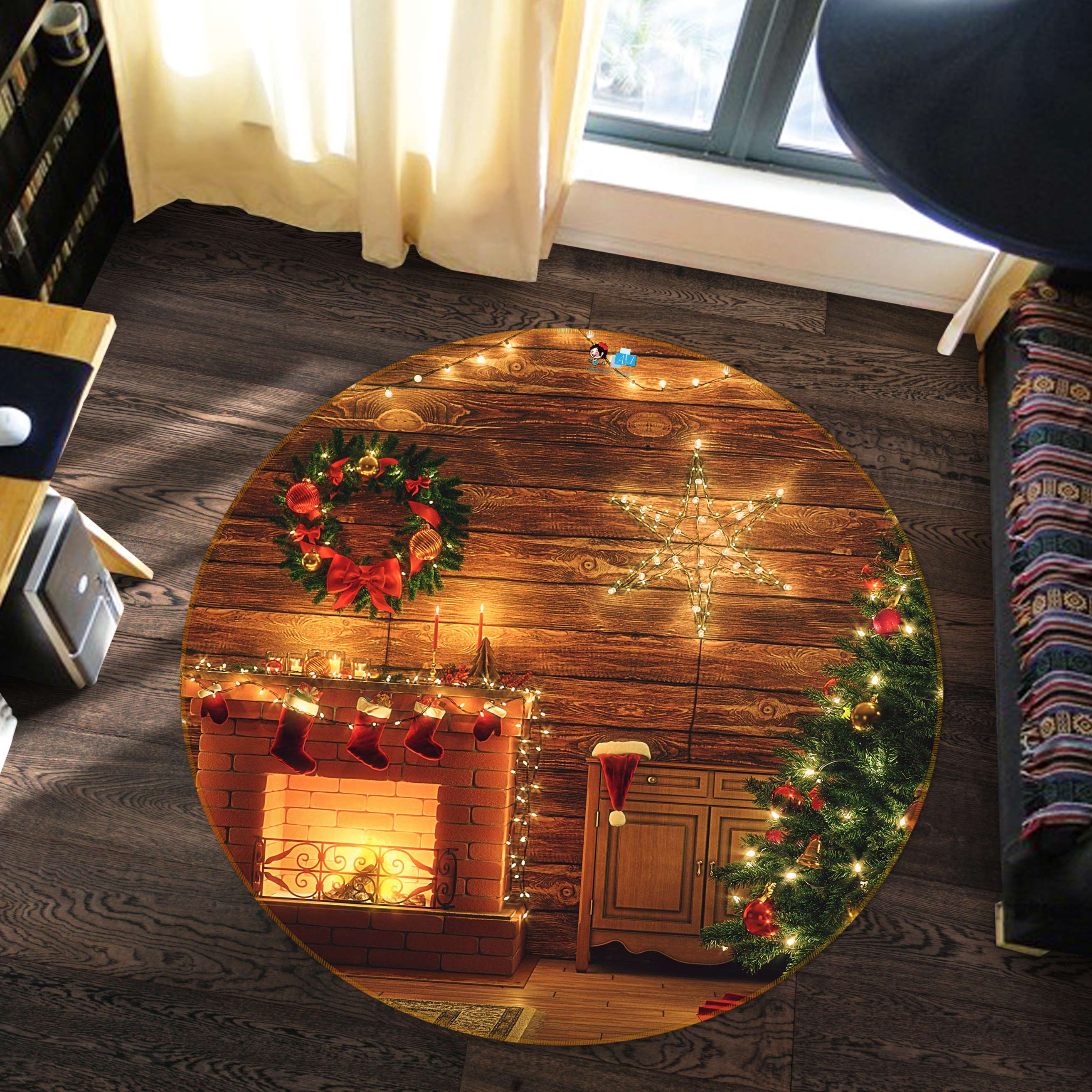 3D Fireplace Tree 54093 Christmas Round Non Slip Rug Mat Xmas