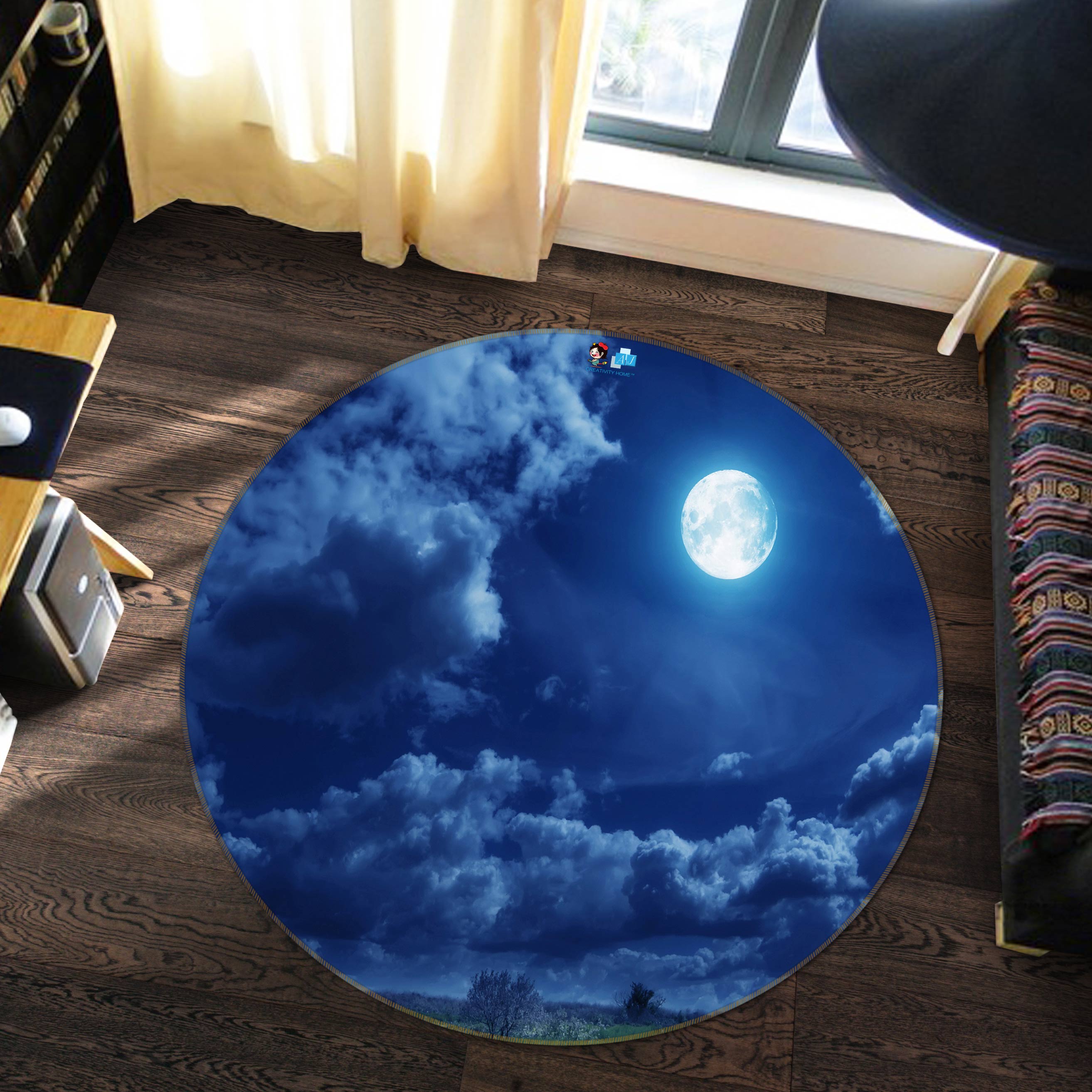 3D Cloud Moon 73002 Round Non Slip Rug Mat