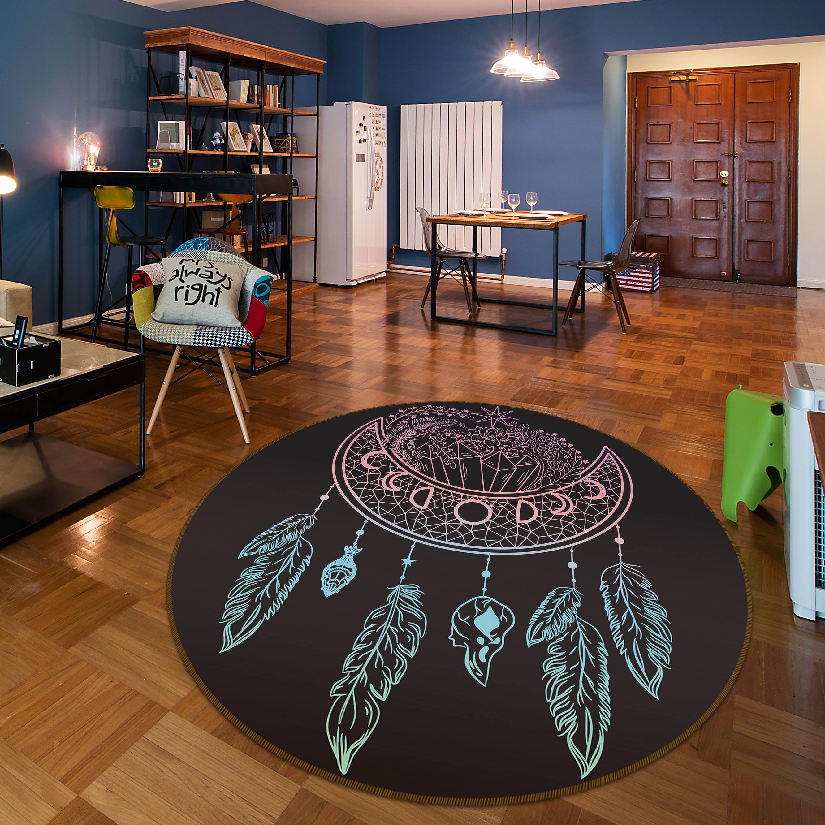 3D Moon Feather Pattern 29010 Round Non Slip Rug Mat