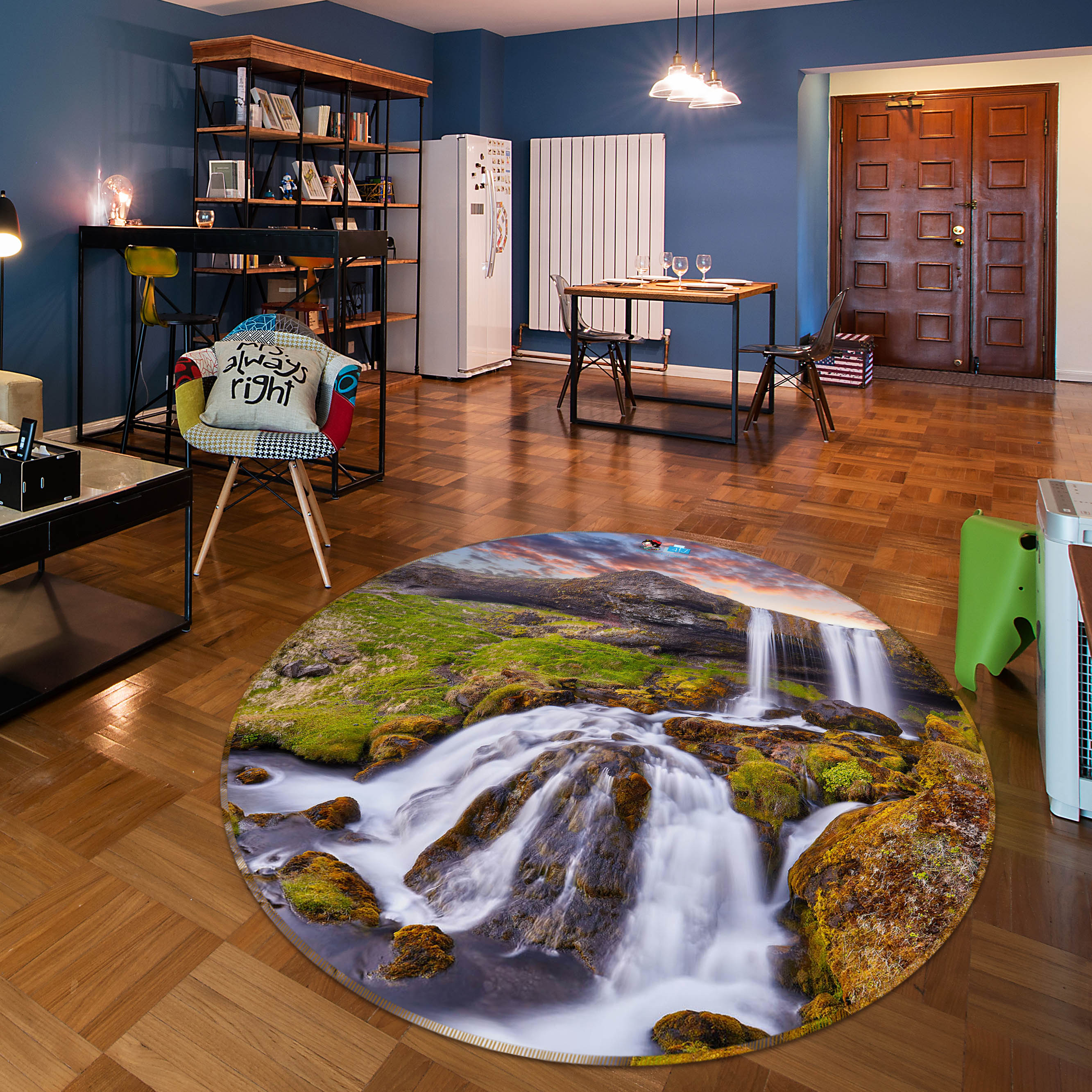 3D Mountain Waterfall 69140 Round Non Slip Rug Mat