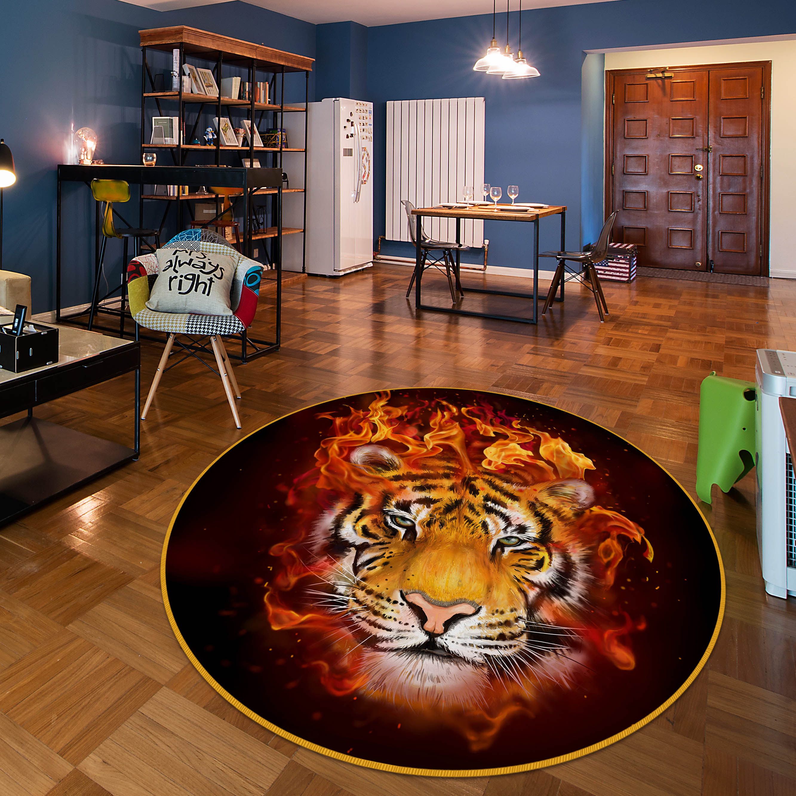 3D Tiger Fire 37213 Animal Round Non Slip Rug Mat