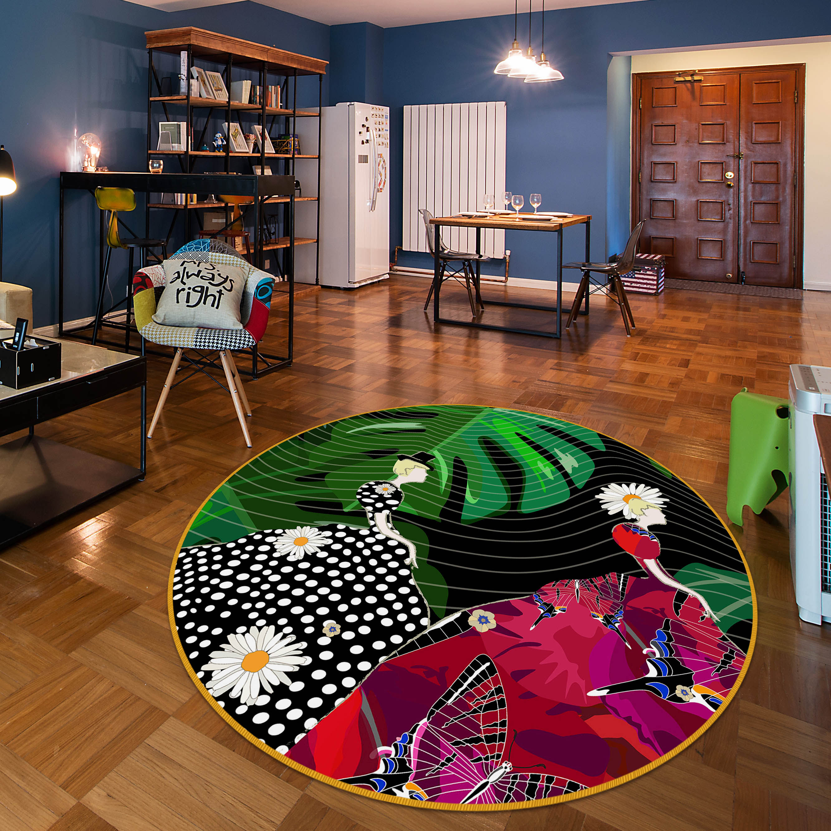 3D Leaves Floral Skirt 37007 Round Non Slip Rug Mat
