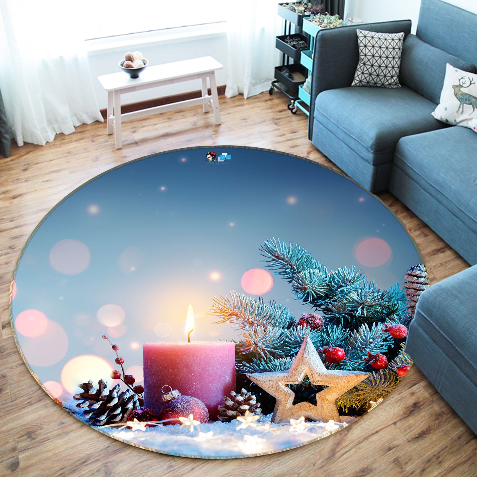 3D Candle Five-Pointed Star 54054 Christmas Round Non Slip Rug Mat Xmas