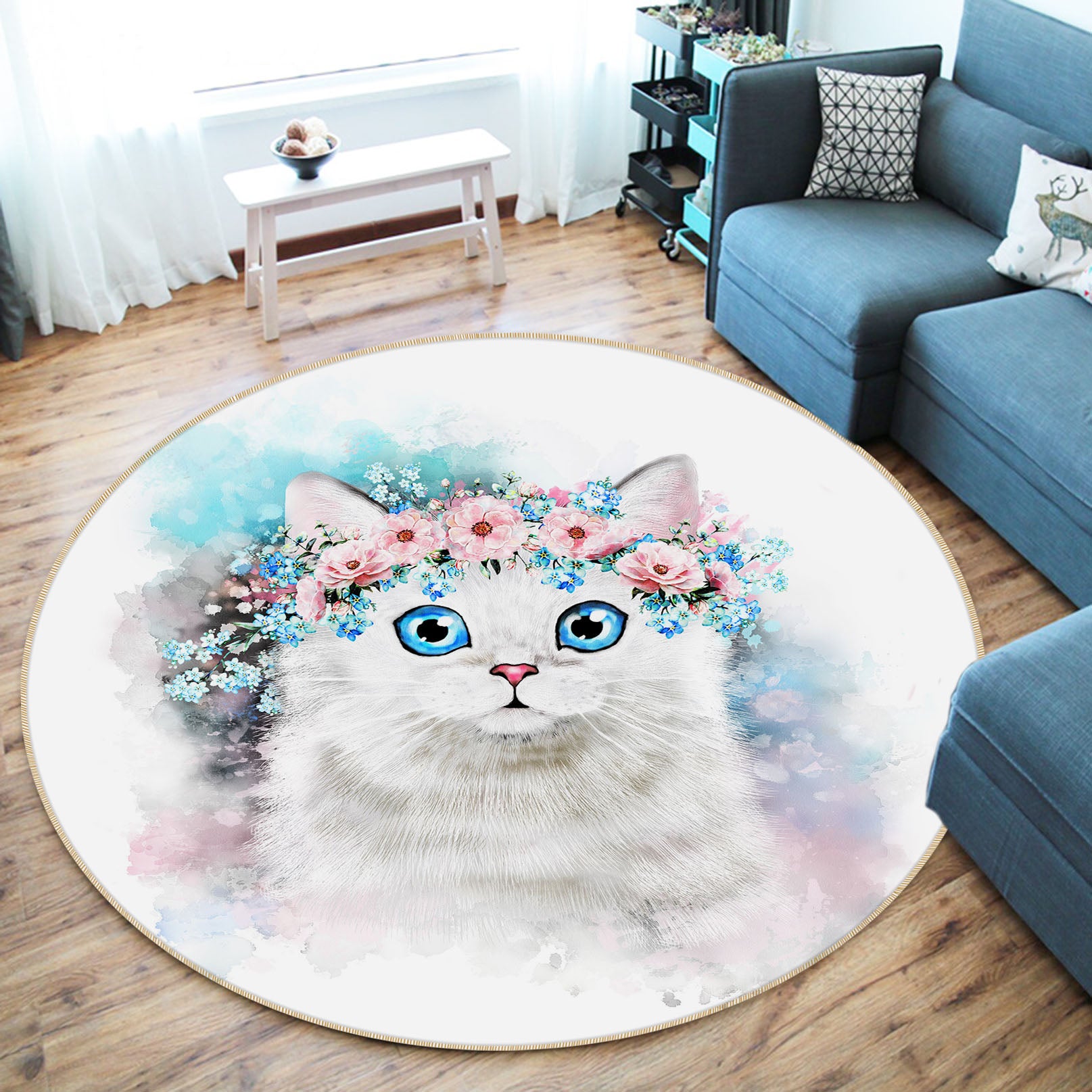 3D White Cat 29072 Round Non Slip Rug Mat