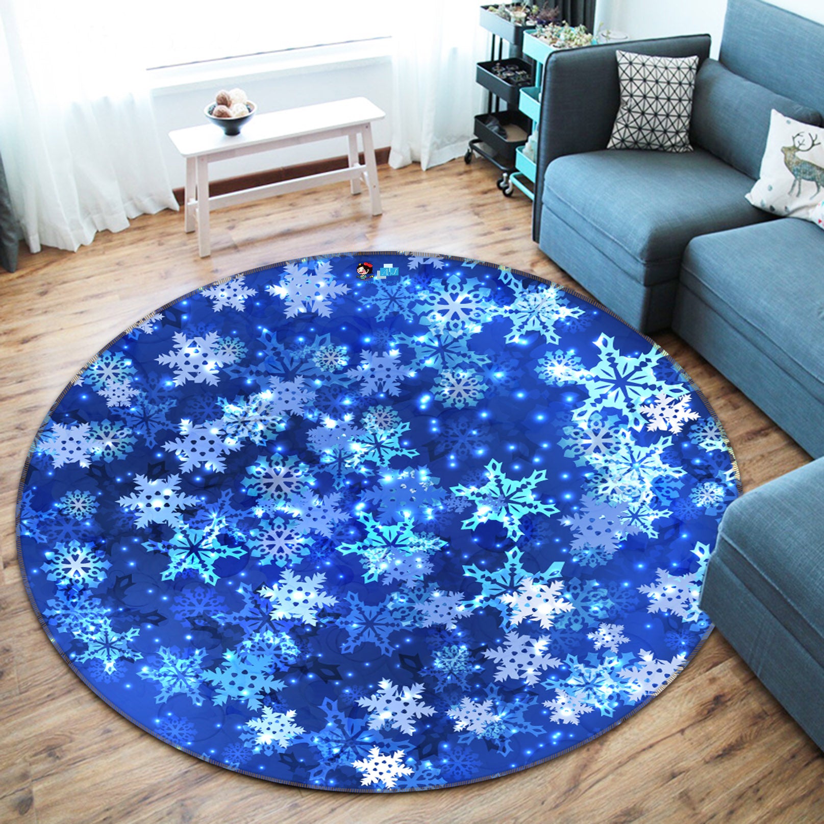 3D Blue Snowflakes 54158 Christmas Round Non Slip Rug Mat Xmas