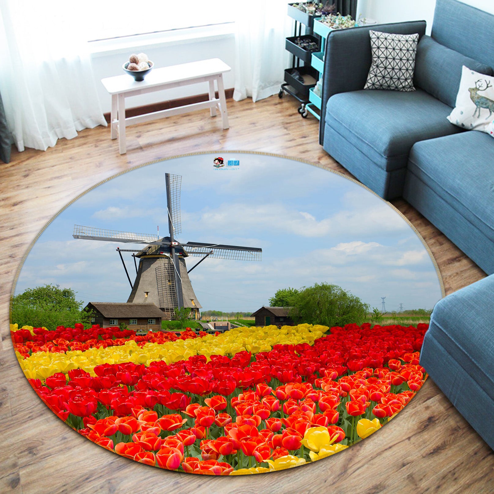 3D Flowery Windmill 66174 Round Non Slip Rug Mat