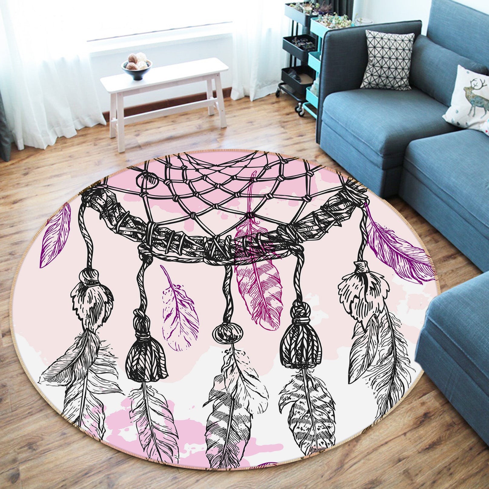 3D Feather 29020 Round Non Slip Rug Mat