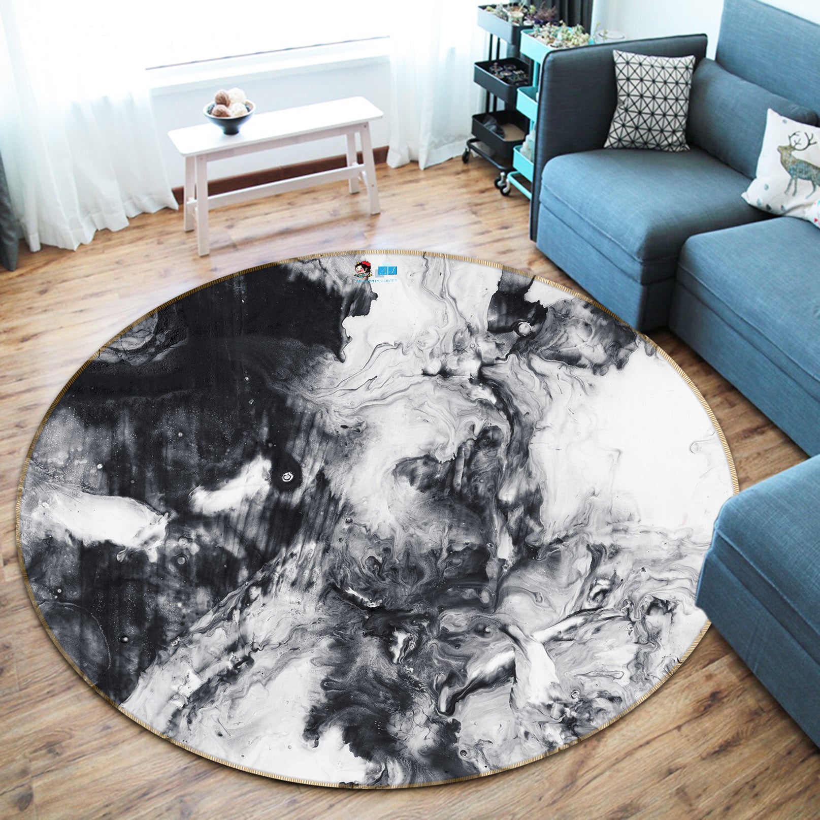 3D Black White Abstract Texture 74176 Round Non Slip Rug Mat