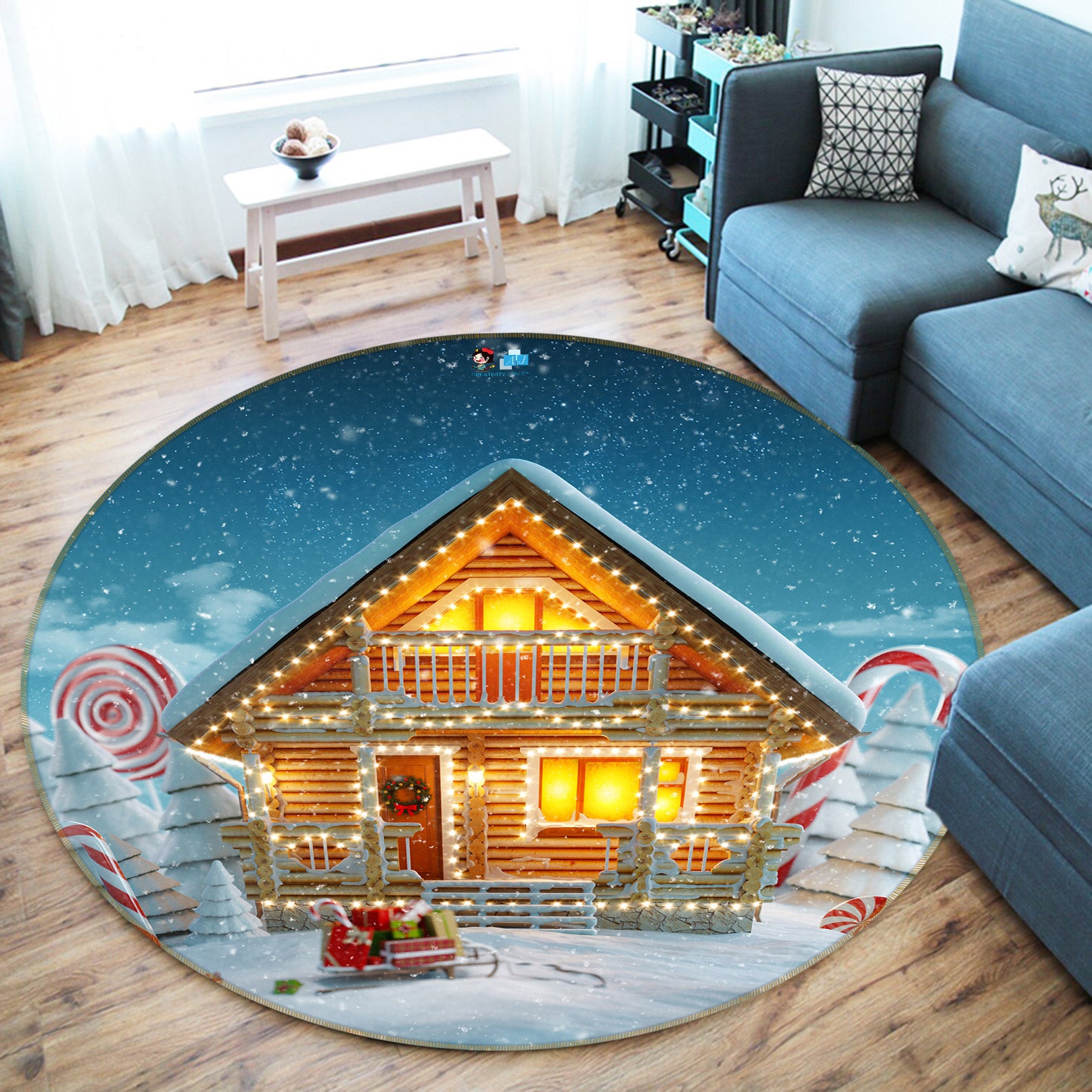 3D Snow House 54049 Christmas Round Non Slip Rug Mat Xmas
