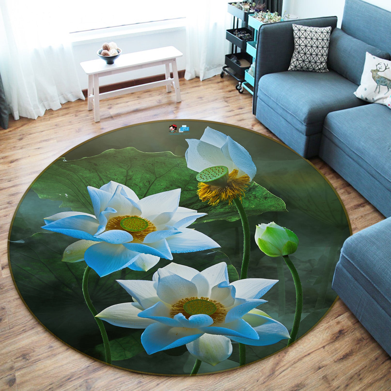 3D White Lotus 71172 Round Non Slip Rug Mat