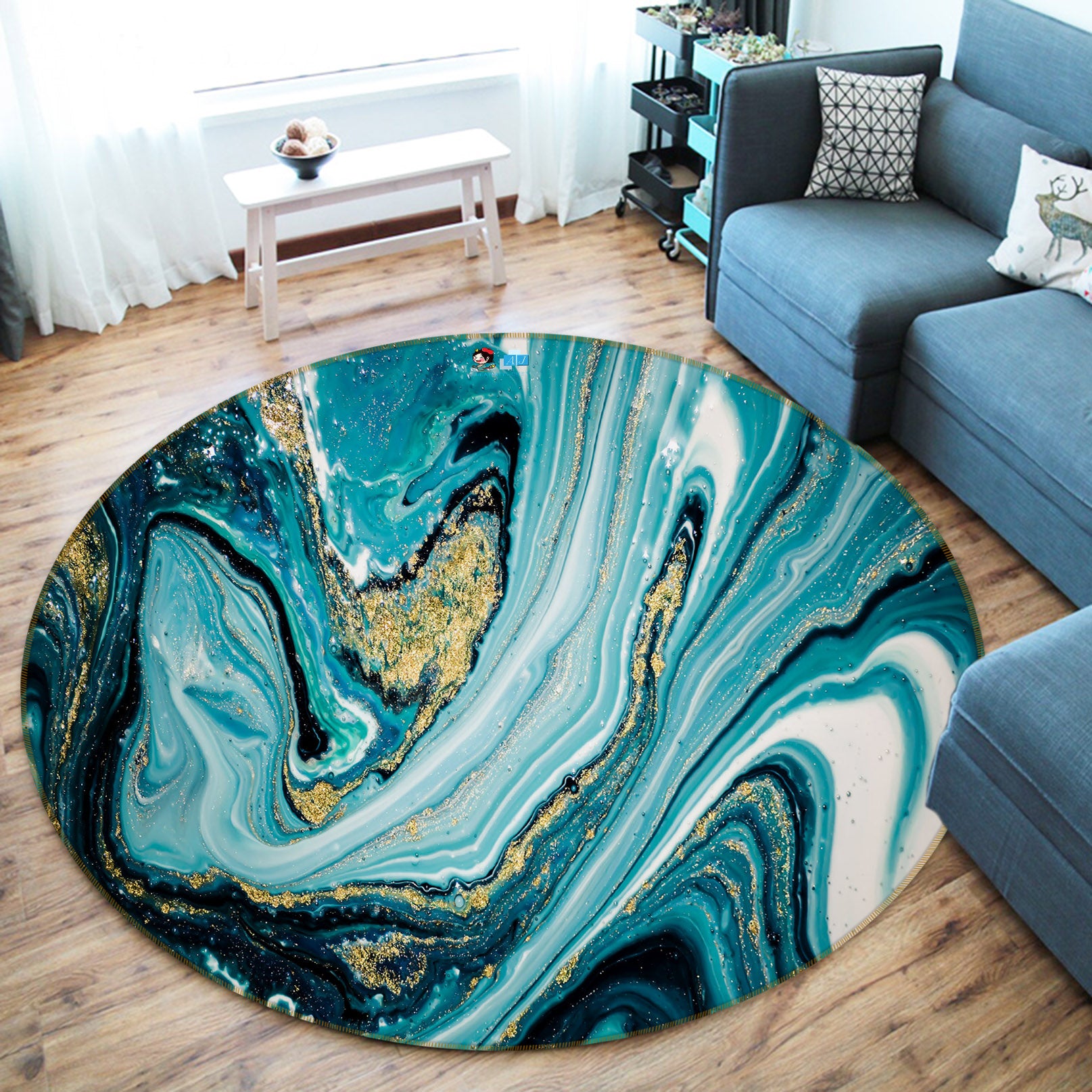 3D Blue Green Texture 69234 Round Non Slip Rug Mat