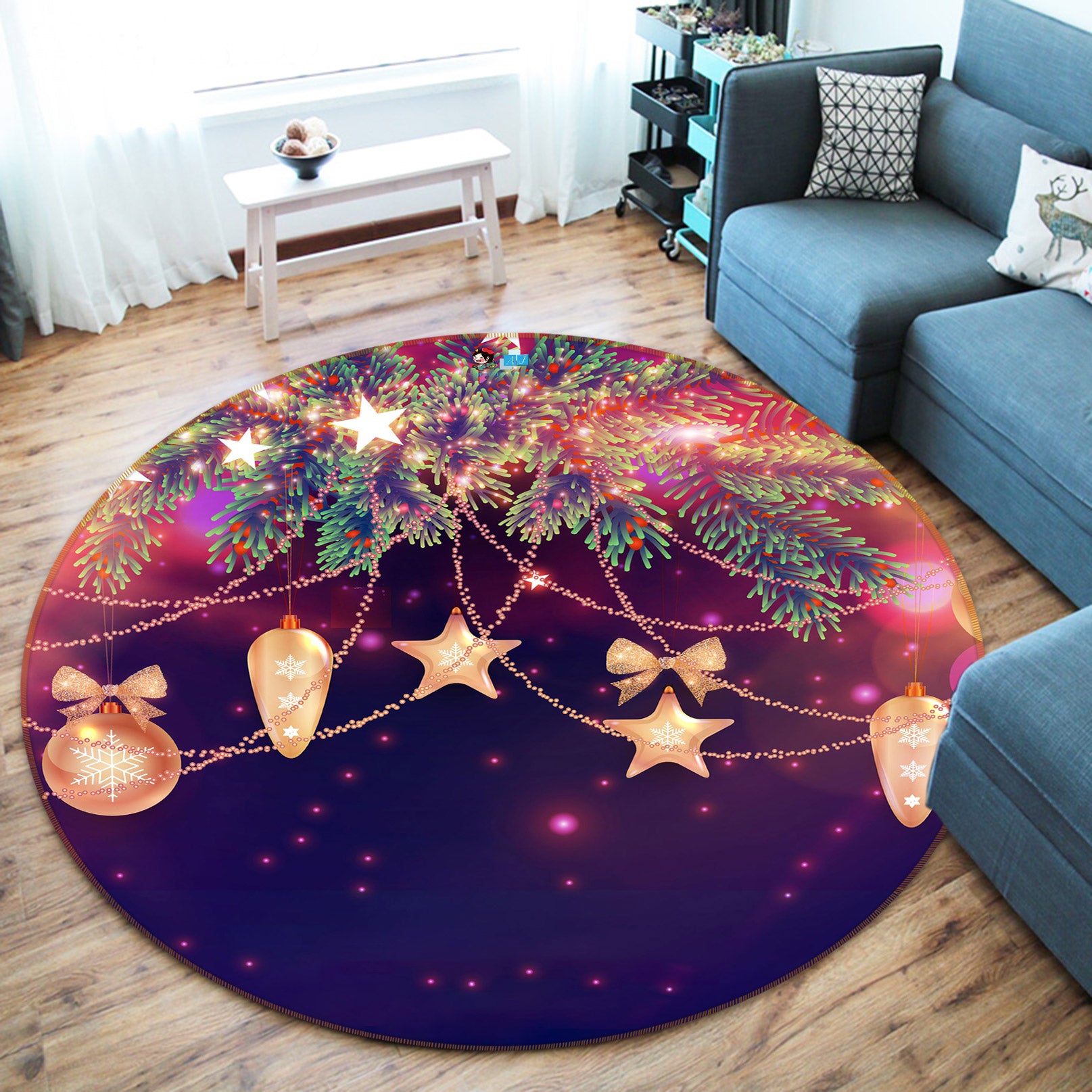 3D String Lights 54042 Christmas Round Non Slip Rug Mat Xmas