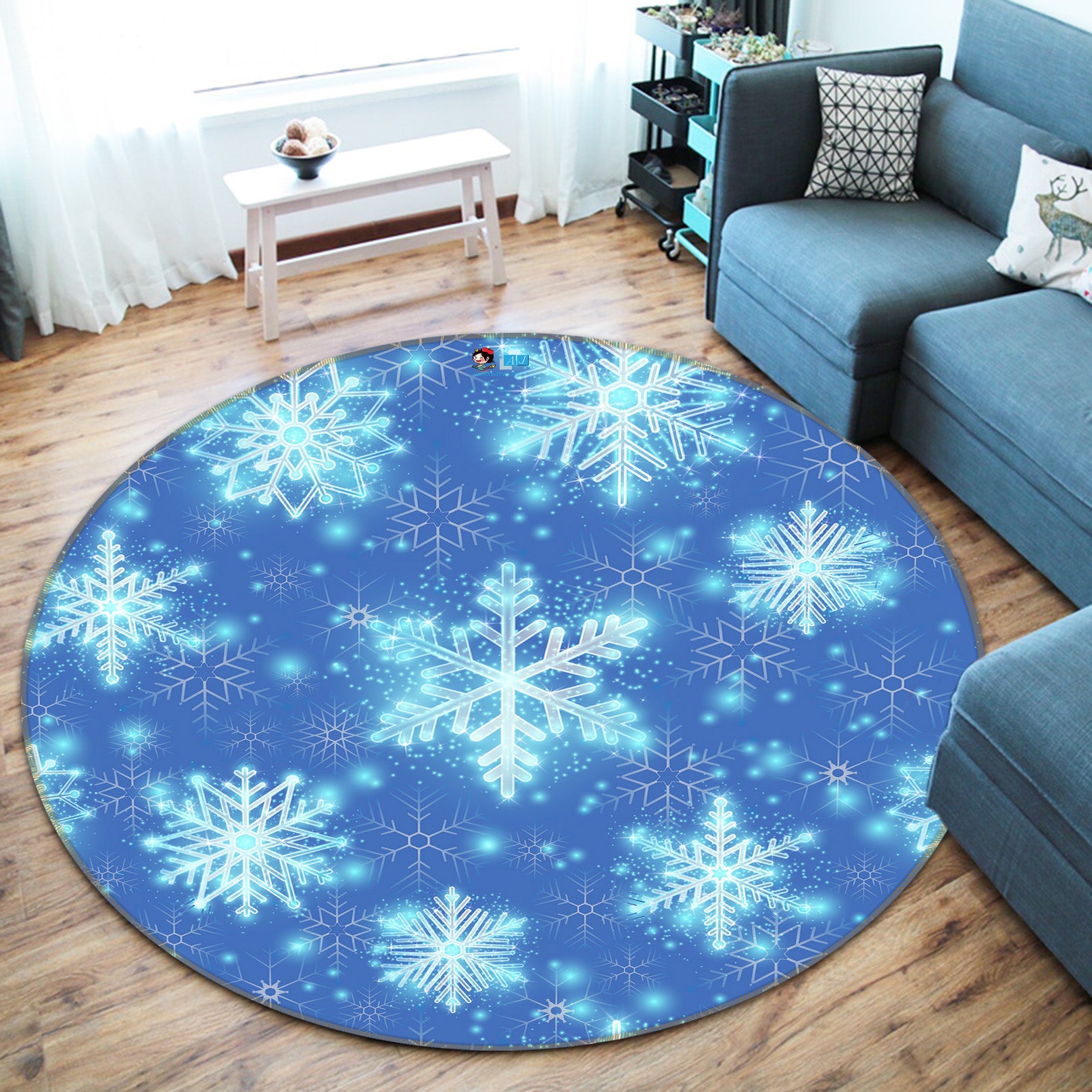3D Blue Snowflakes 54111 Christmas Round Non Slip Rug Mat Xmas