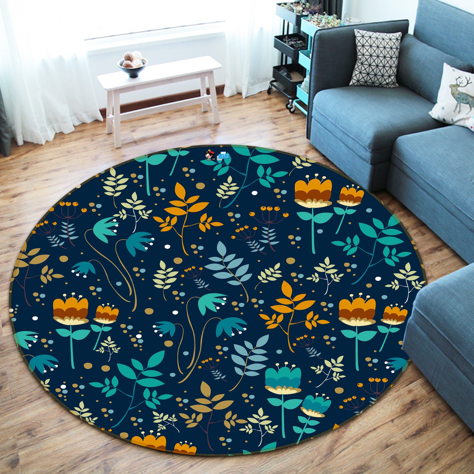 3D Blue Orange Flowers Pattern 64050 Round Non Slip Rug Mat