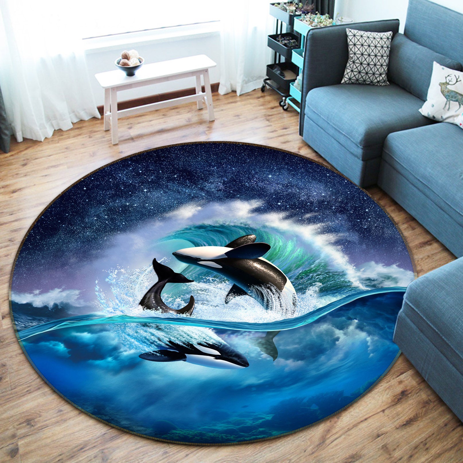 3D Waves Whale 83138 Jerry LoFaro Rug Round Non Slip Rug Mat