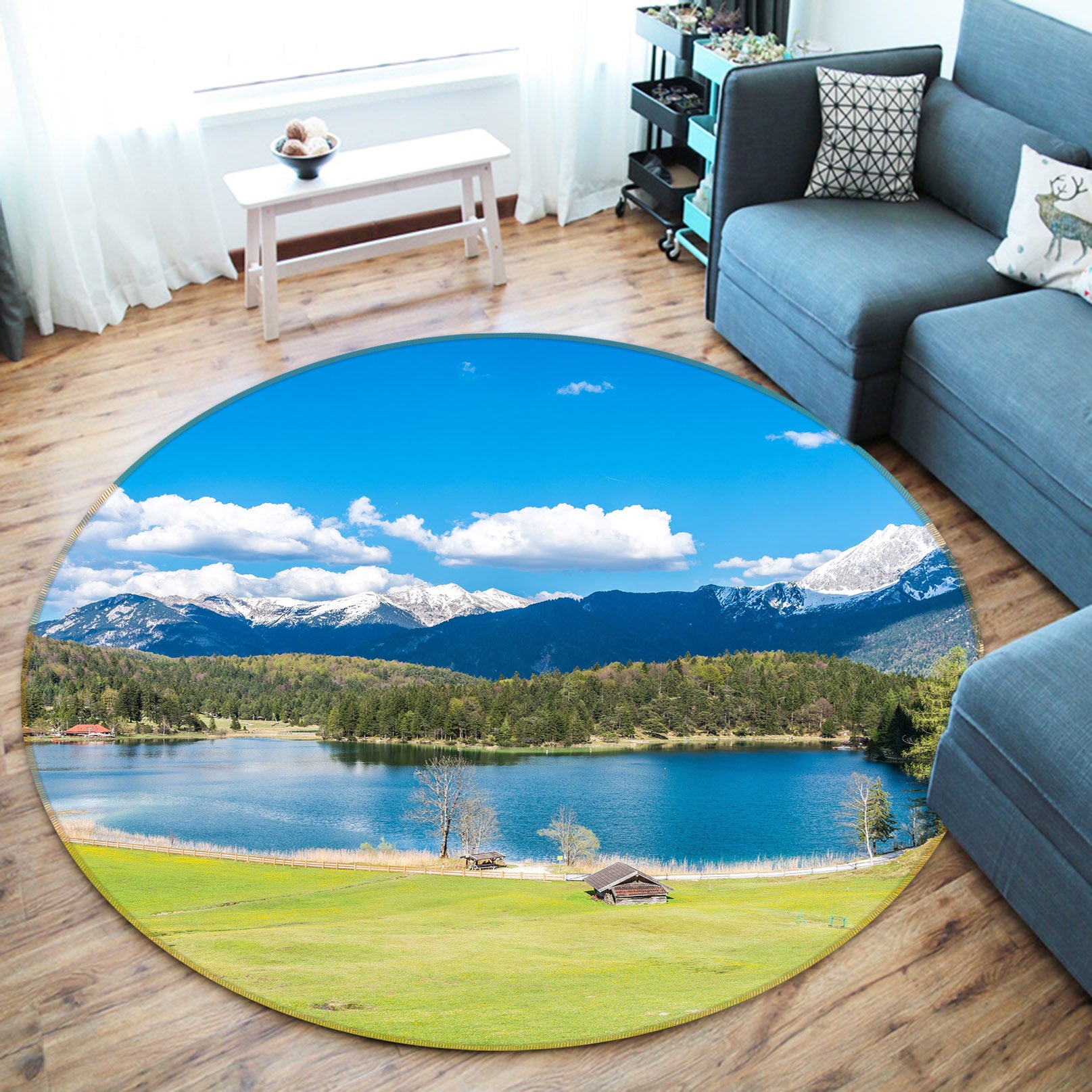 3D Snow Mountain Lake Sky 71193 Round Non Slip Rug Mat