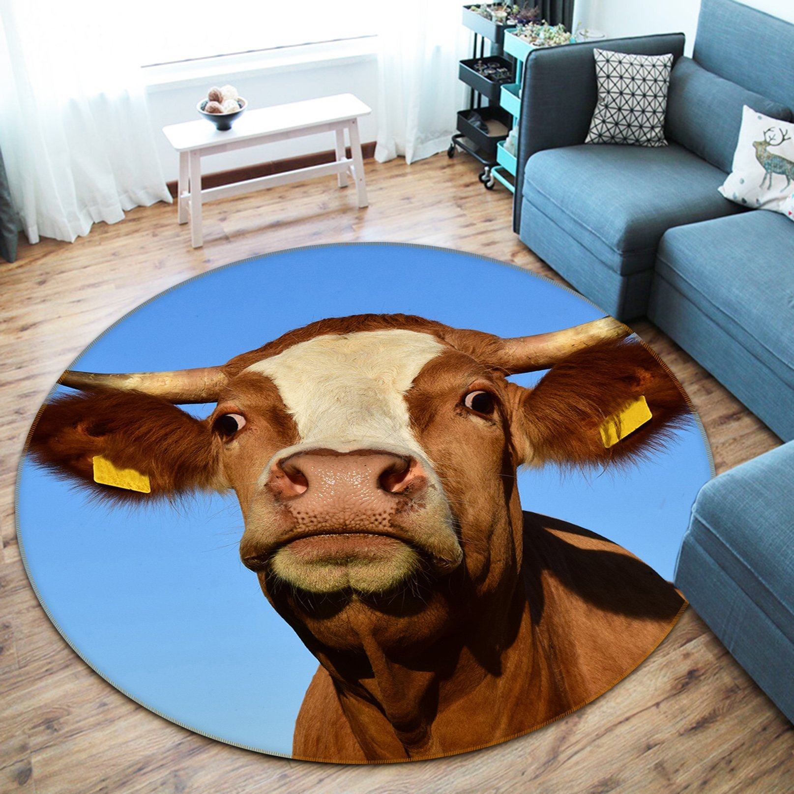 3D Yellow Bull Head 029 Animal Round Non Slip Rug Mat Mat AJ Creativity Home 