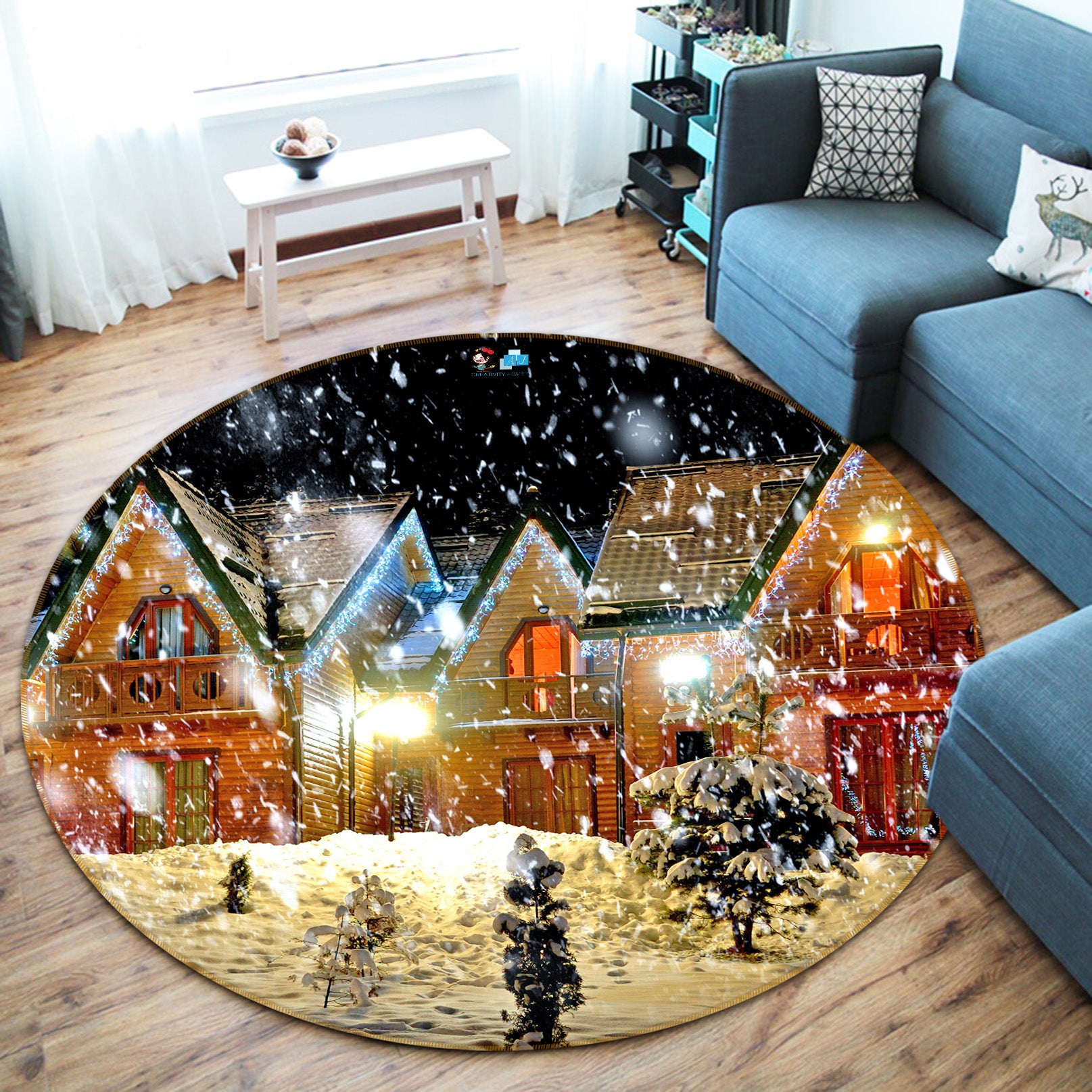 3D Snow Houses 54120 Christmas Round Non Slip Rug Mat Xmas