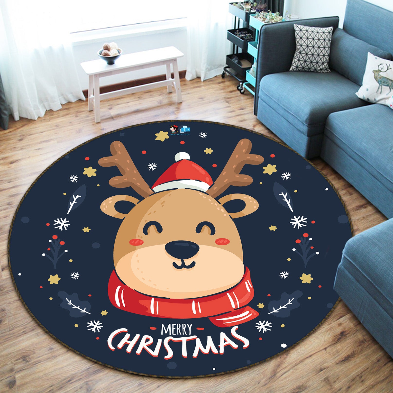 3D Cartoon Deer 81046 Round Non Slip Rug Mat