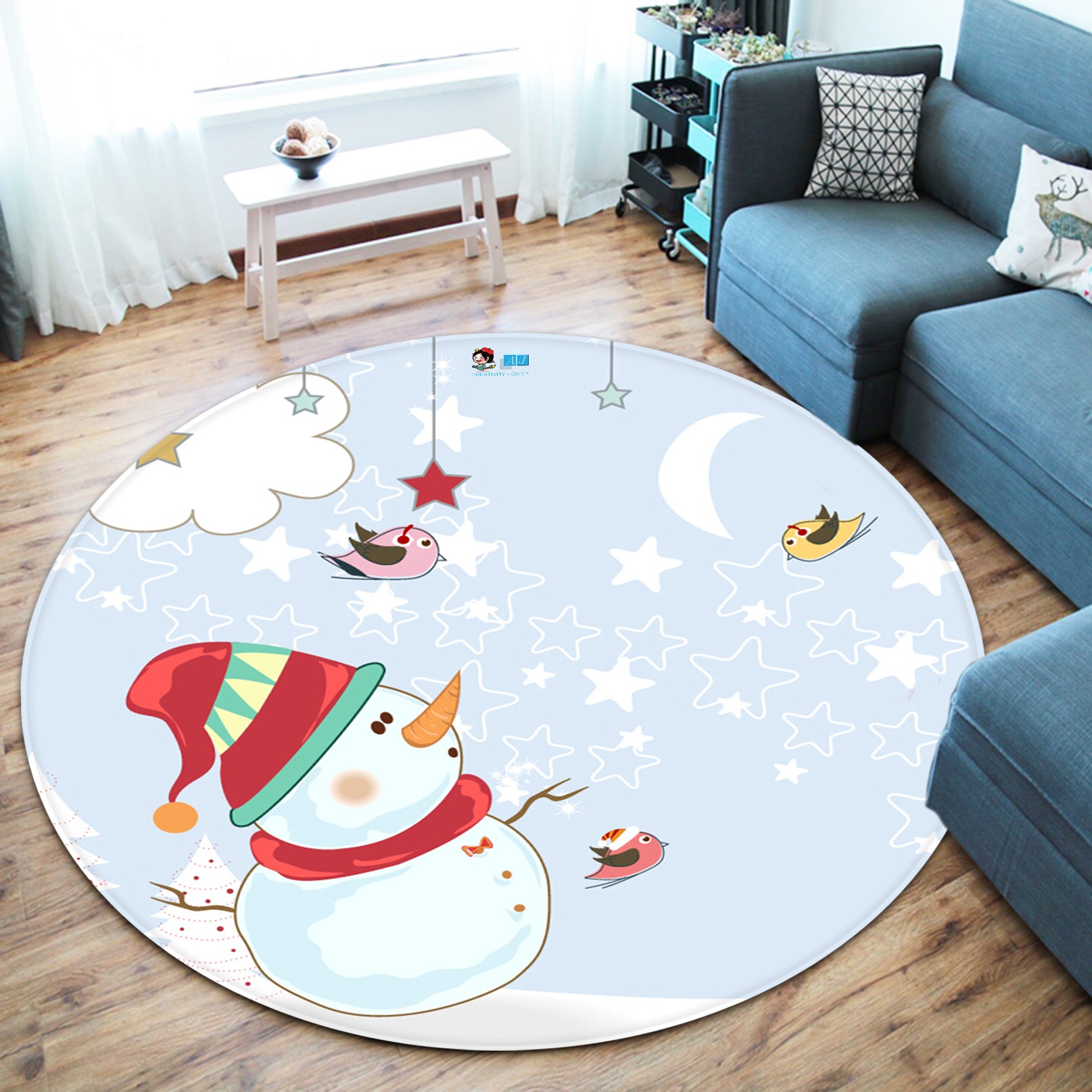 3D Snowman 66037 Christmas Round Non Slip Rug Mat Xmas