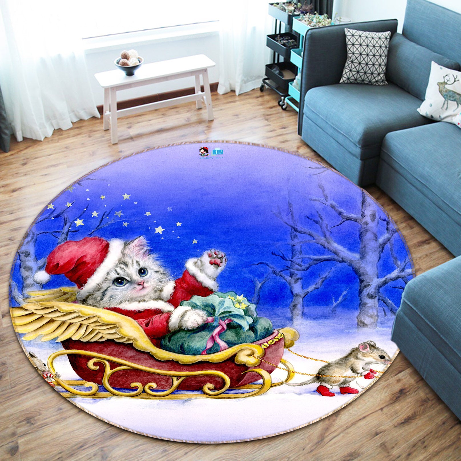 3D Christmas Cat Mouse 6059 Kayomi Harai Rug Round Non Slip Rug Mat