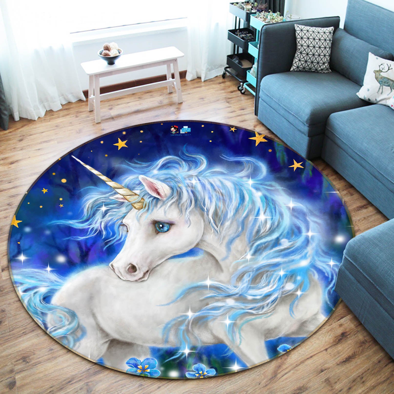 3D Unicorn Moon Stars 6012 Kayomi Harai Rug Round Non Slip Rug Mat
