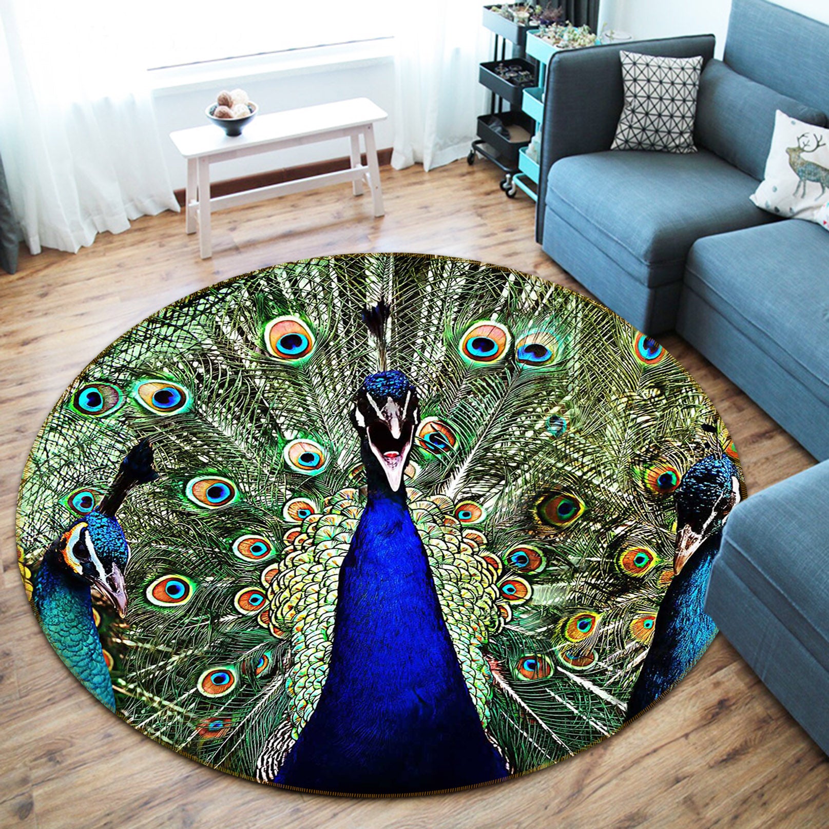 3D Peacock 82259 Animal Round Non Slip Rug Mat