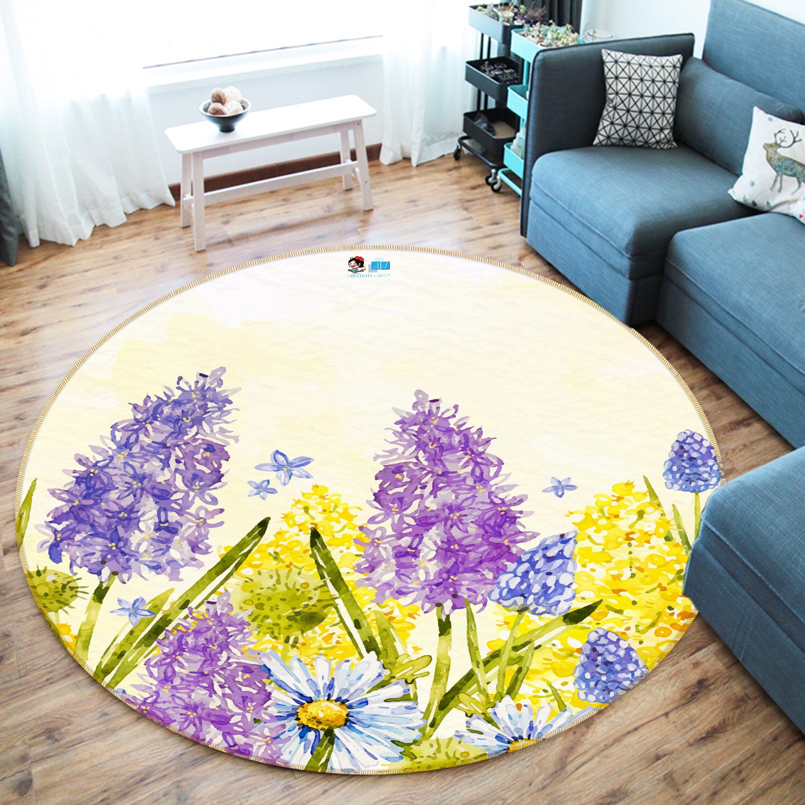 3D Purple Yellow Flowers 71284 Round Non Slip Rug Mat