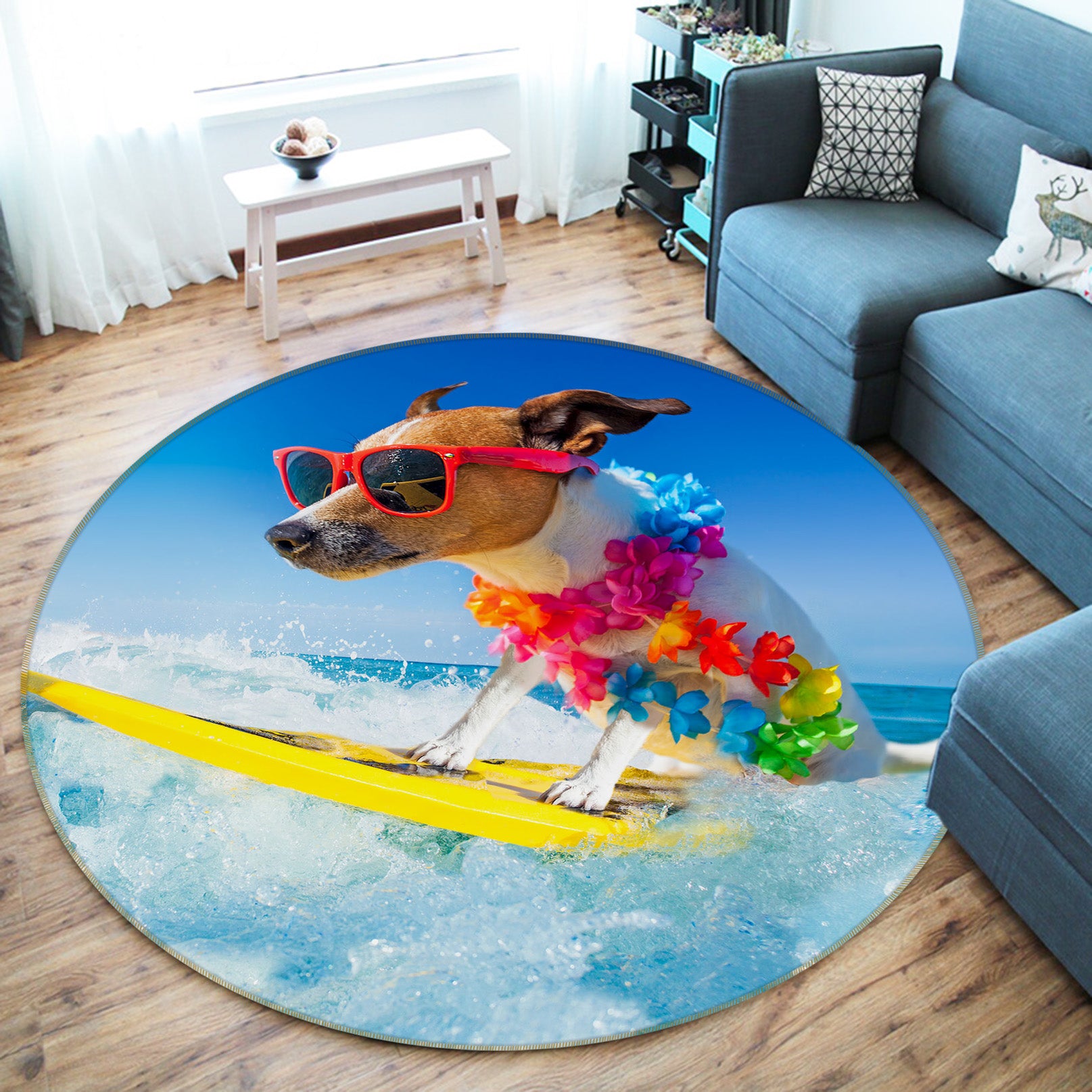 3D Surfing Dog 29027 Round Non Slip Rug Mat