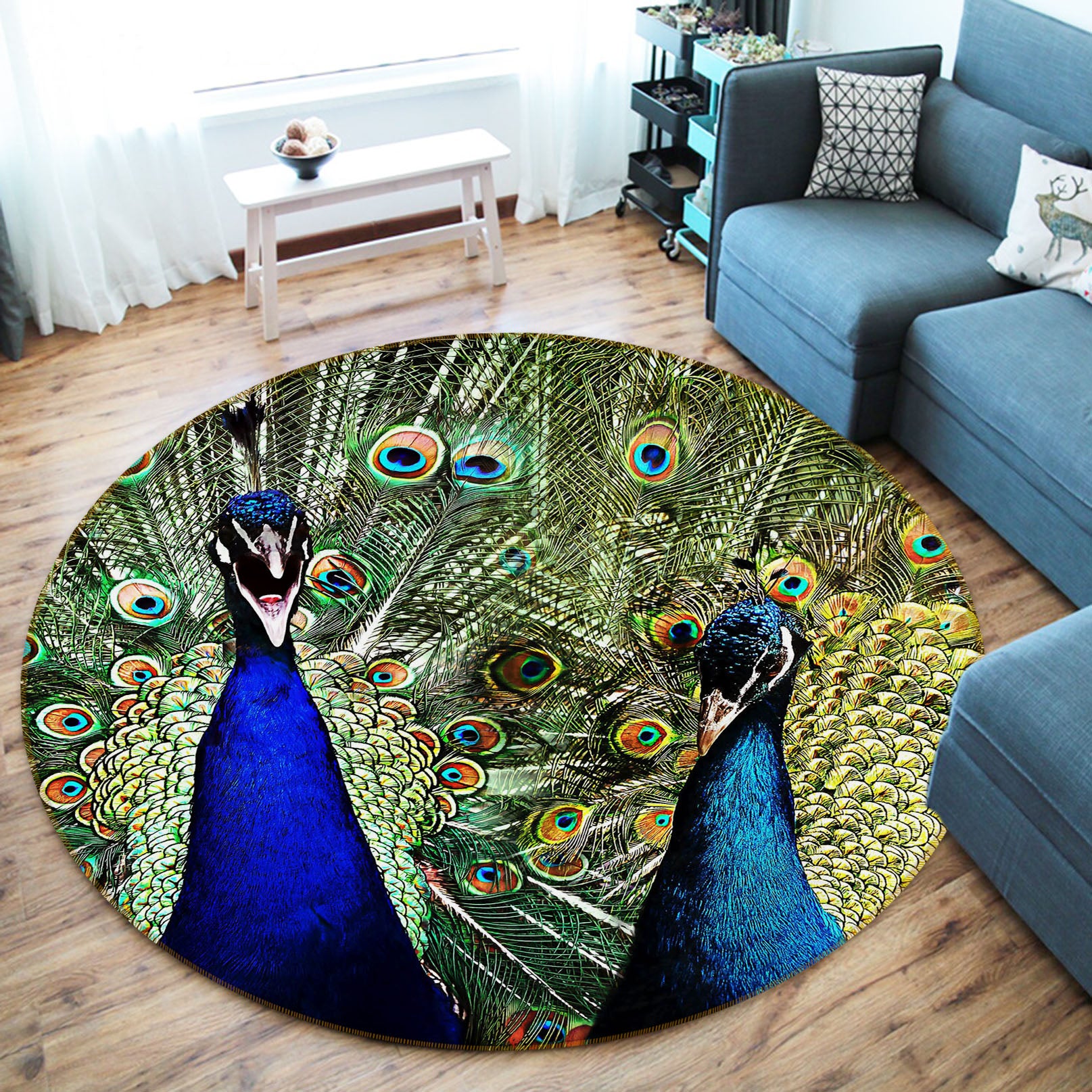 3D Two Peacocks 82022 Animal Round Non Slip Rug Mat
