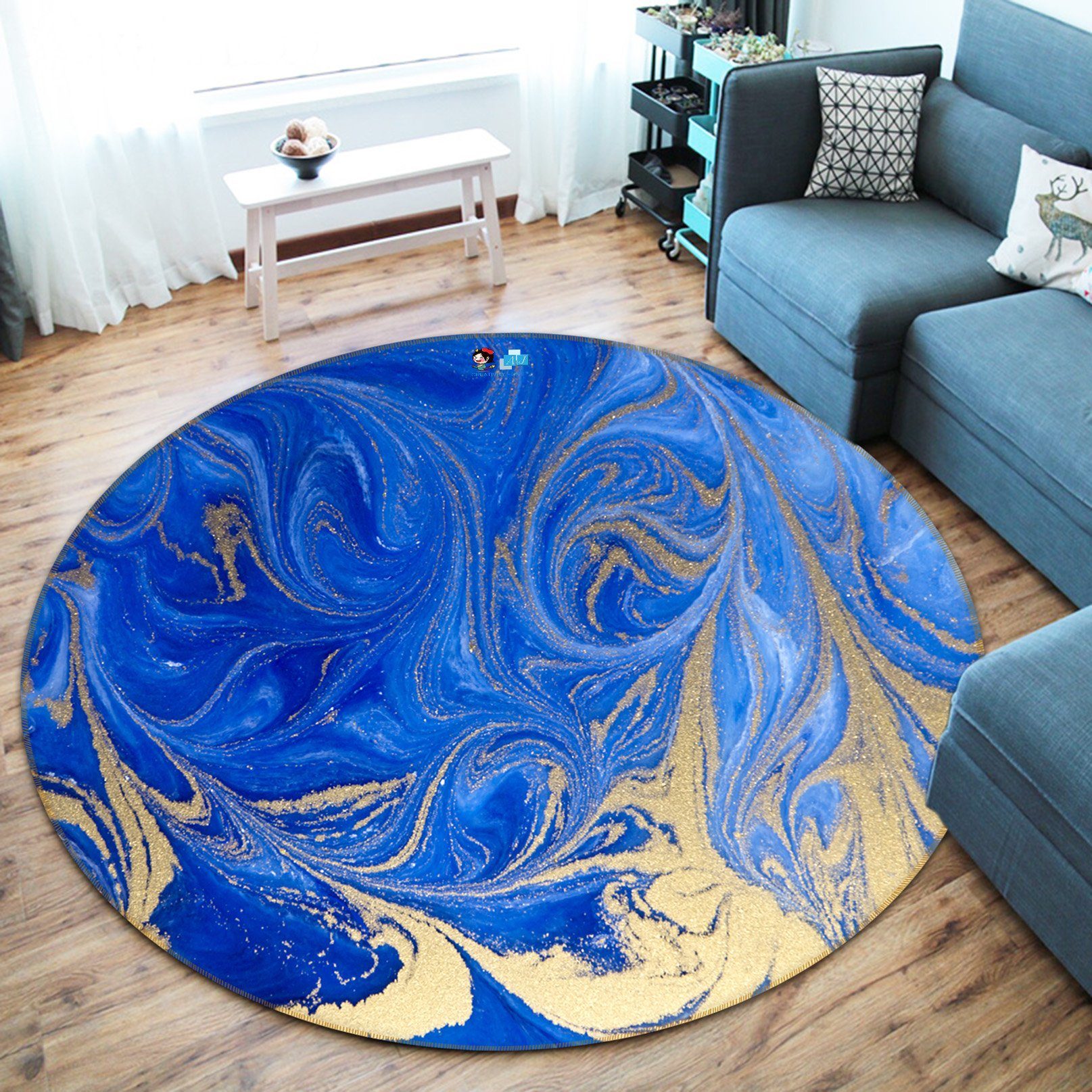 3D Sapphire Blue Pattern 925 Round Non Slip Rug Mat Mat AJ Creativity Home 